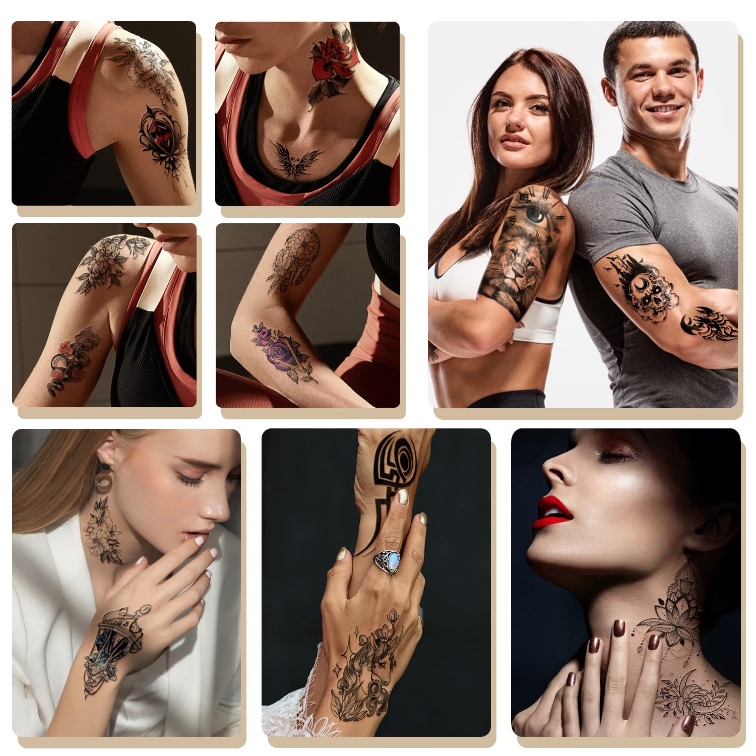 Waterproof Temporary Tattoos for Kids & Adults - 70 Sheets (10 Large Wolf/Tiger/Lion + 60 Small Flower/Snake/Bird Designs) - Fun Fake Tattoos for Parties, Halloween, Cosplay & Everyday Wear