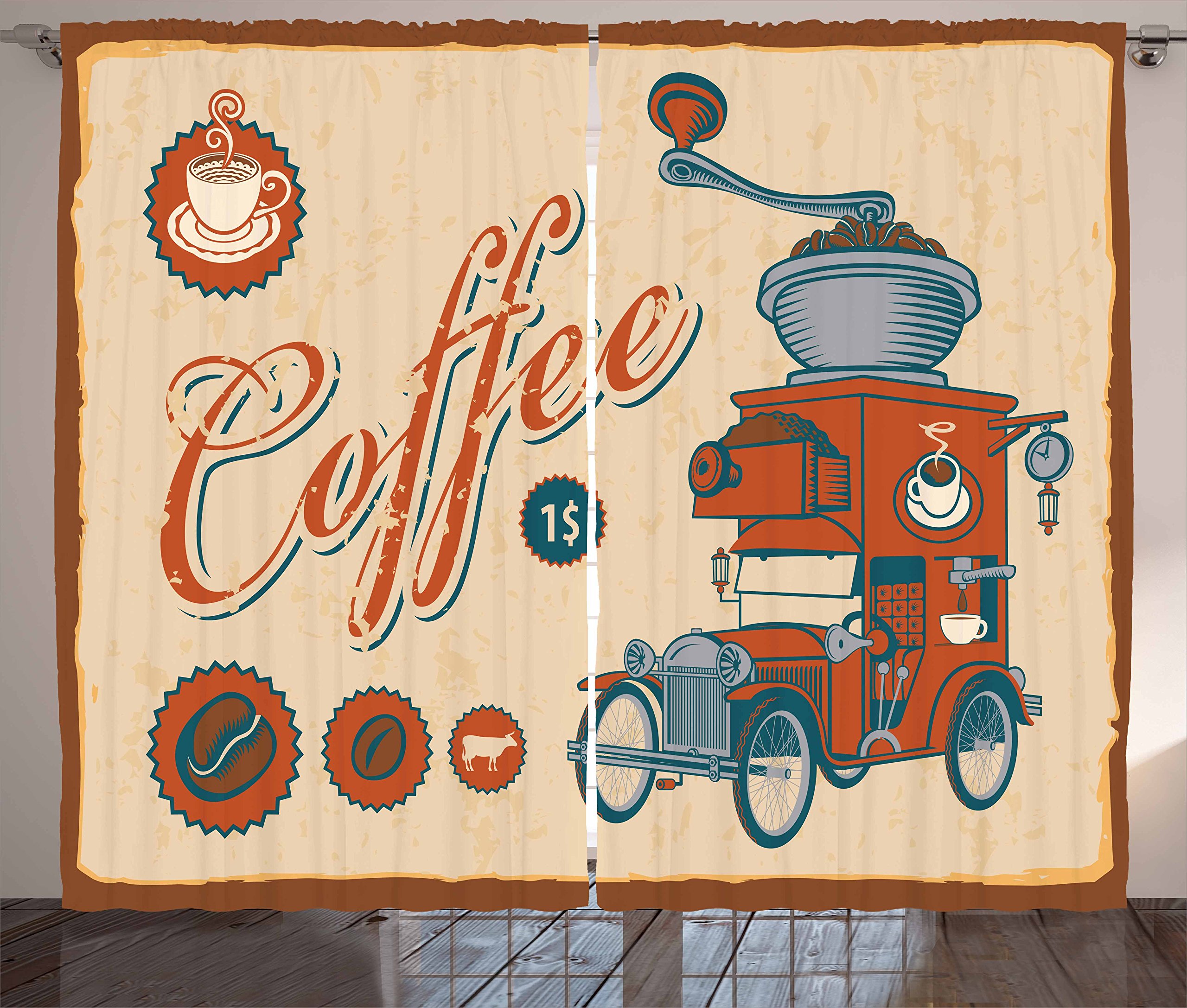 Ambesonne Vintage Truck & Coffee Grinder Retro Curtains - 2 Panel Set, 108