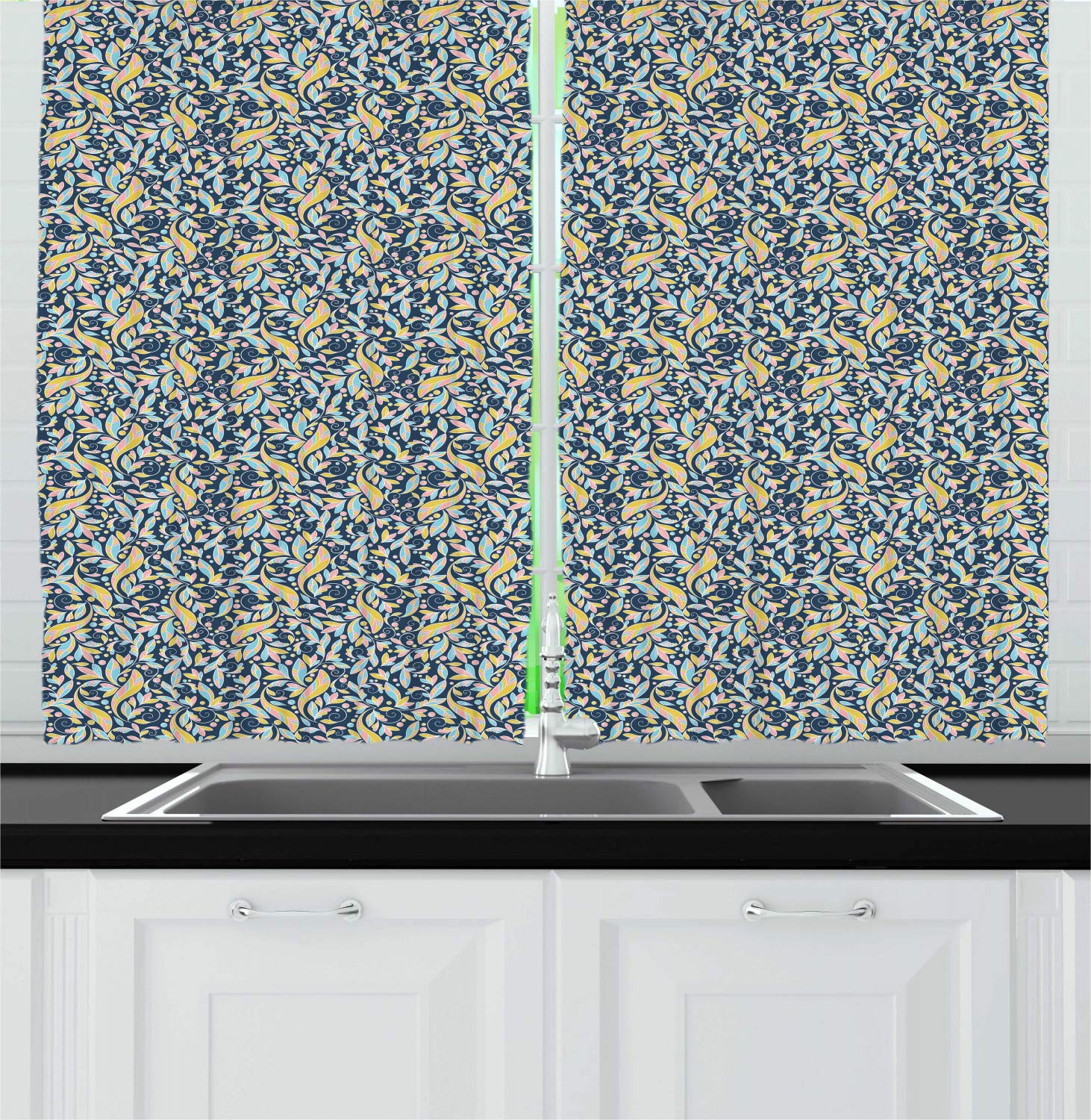 Ambesonne Botanical Kitchen Curtains - Pastel Paisley Leaf Design Window Drapes, 2 Panel Set (55