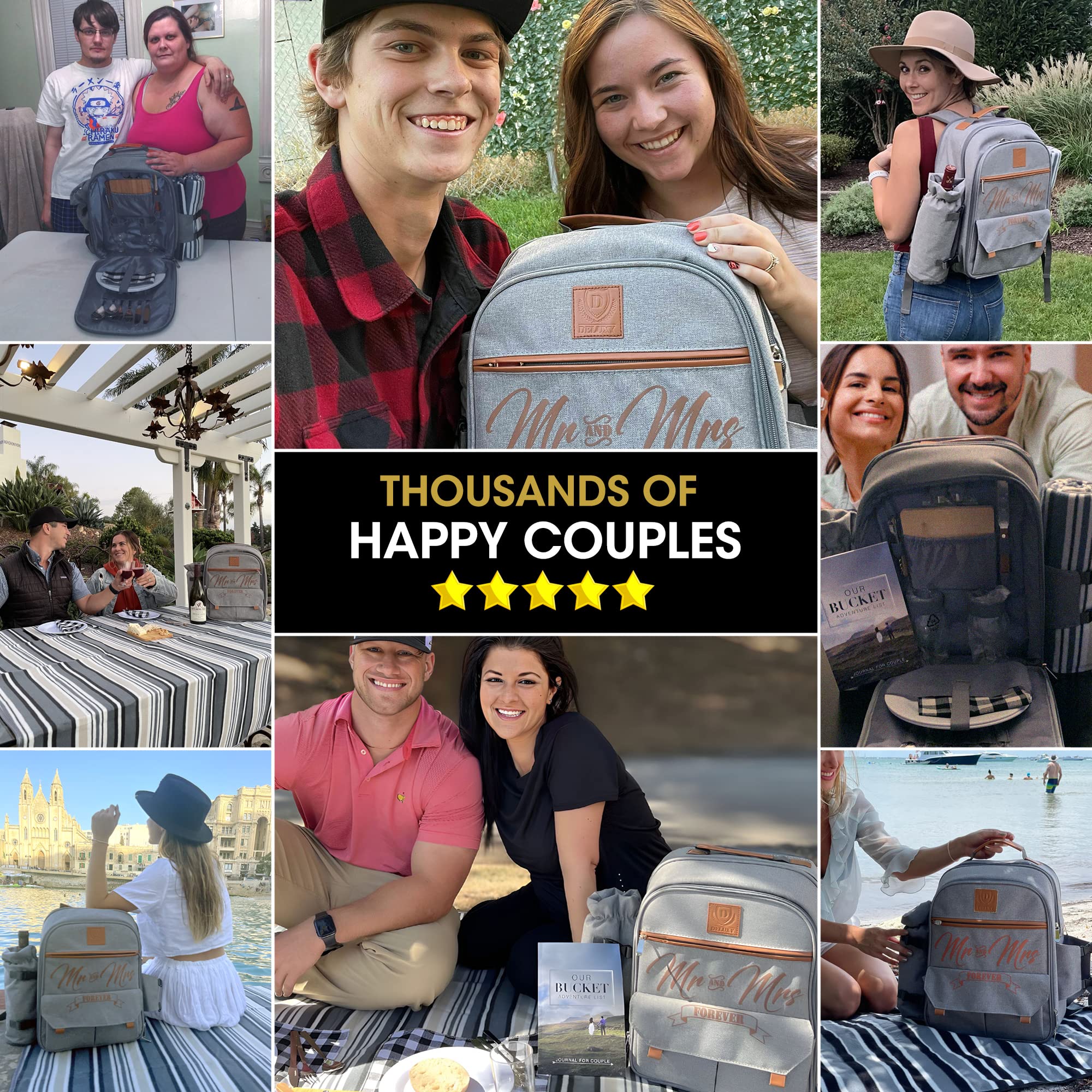 DELUXY Insulated Picnic Backpack for Couples - Wedding Gift Set for Bride & Groom, Honeymoon Essentials, Anniversary Present for Newlyweds | Perfect for Outdoor Dates, Beach Picnics & Romantic Getaways