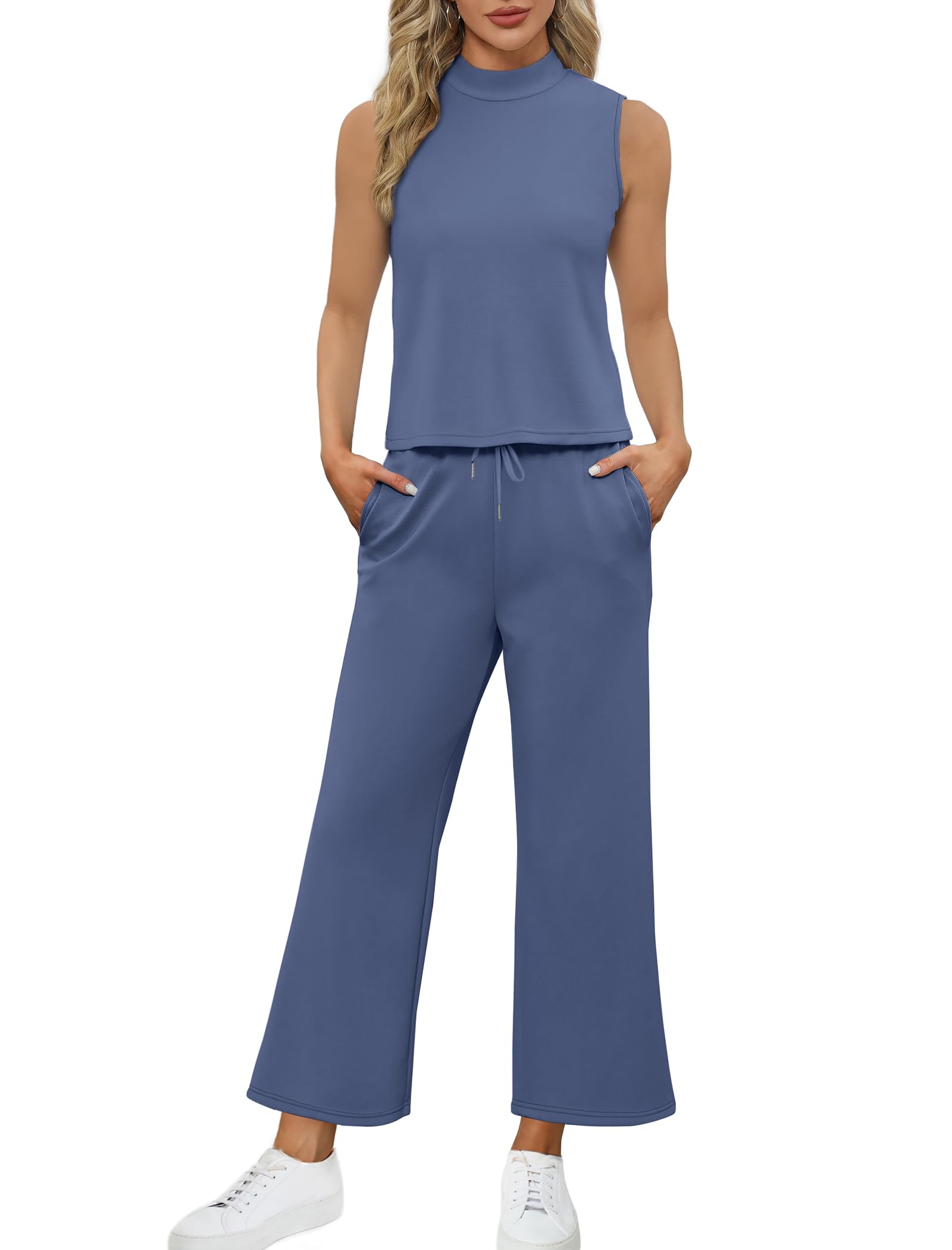 Women's Summer Two Piece Outfits - SAMPEEL Lounge Sets with Mock Neck Tops & Wide Leg Crop Pants | Casual Vacation Travel Wear for Beach, Brunch & Relaxation