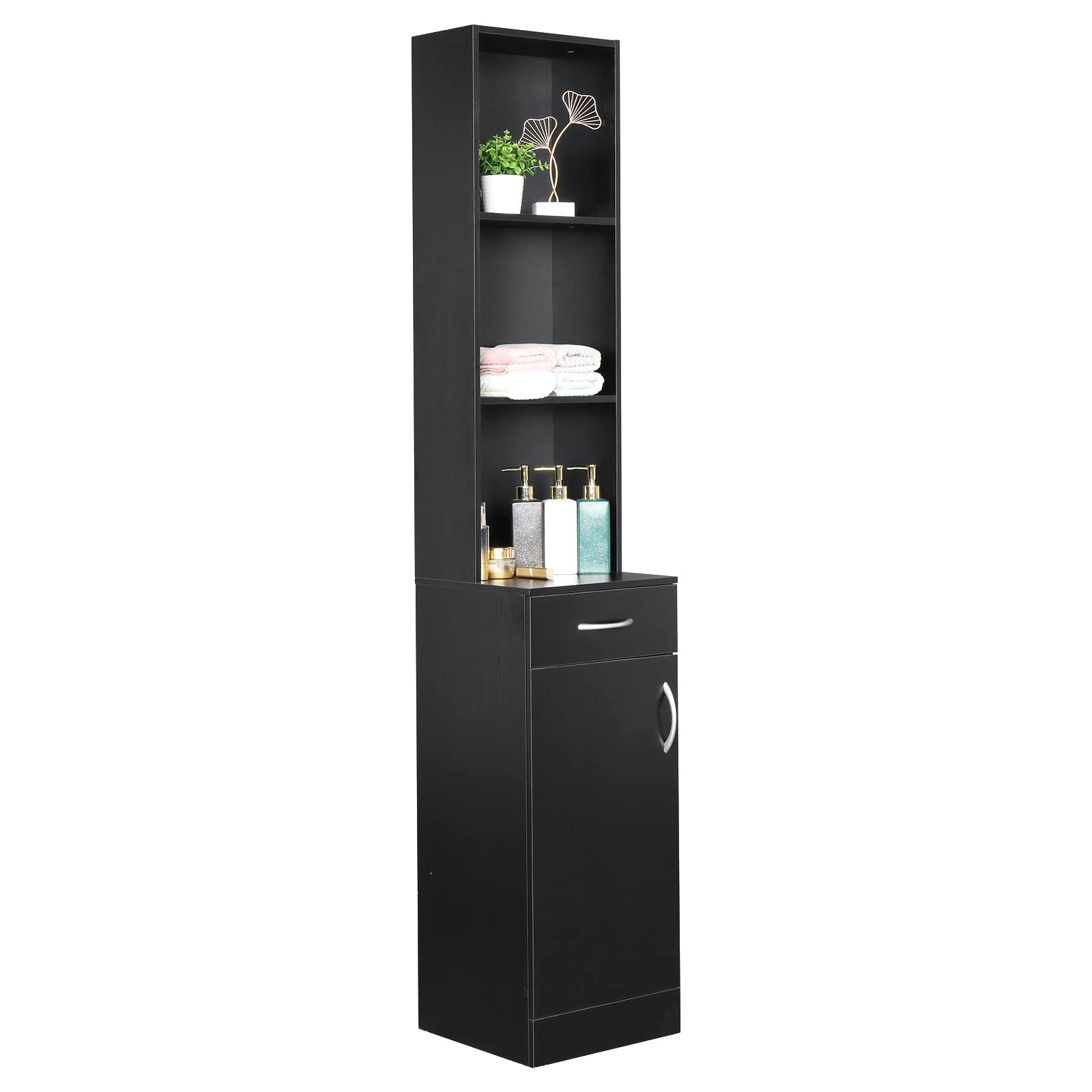 70 Inch Tall Bathroom Storage Cabinet - Waterproof Wooden Linen Organizer with Drawer & 3 Shelves | Durable Lightweight Narrow Cabinet for Bathroom, Bedroom, or Laundry Room Organization | Black
