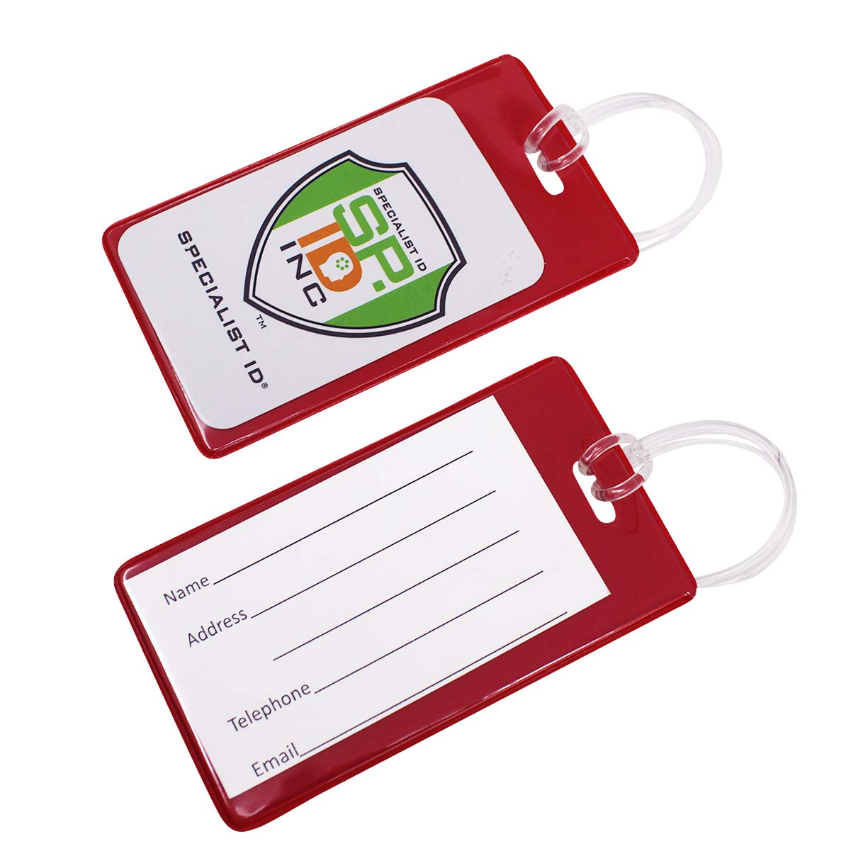 25 Pack Bright Backpack ID Luggage Tags - Student Identification Card Holders with Clear Window - School Name Badges & Business Card Size for Backpacks, Travel & Office Use (Red)