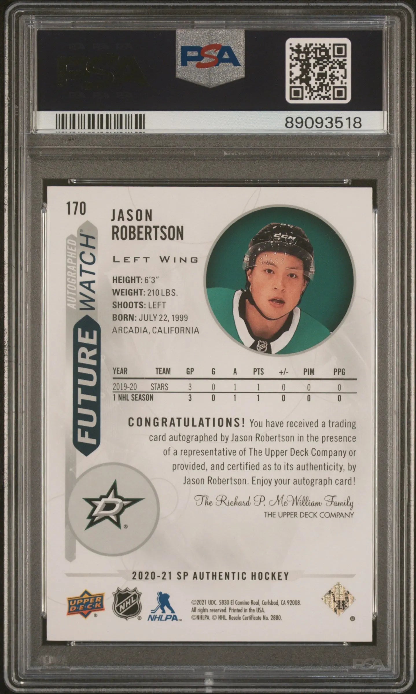 2020 UD SP Authentic Jason Robertson Future Watch Auto Autograph RC PSA 10 /999 - Rare Hockey Trading Card for Collectors & Sports Fans - Perfect for Display, Investment & Memorabilia Collections
