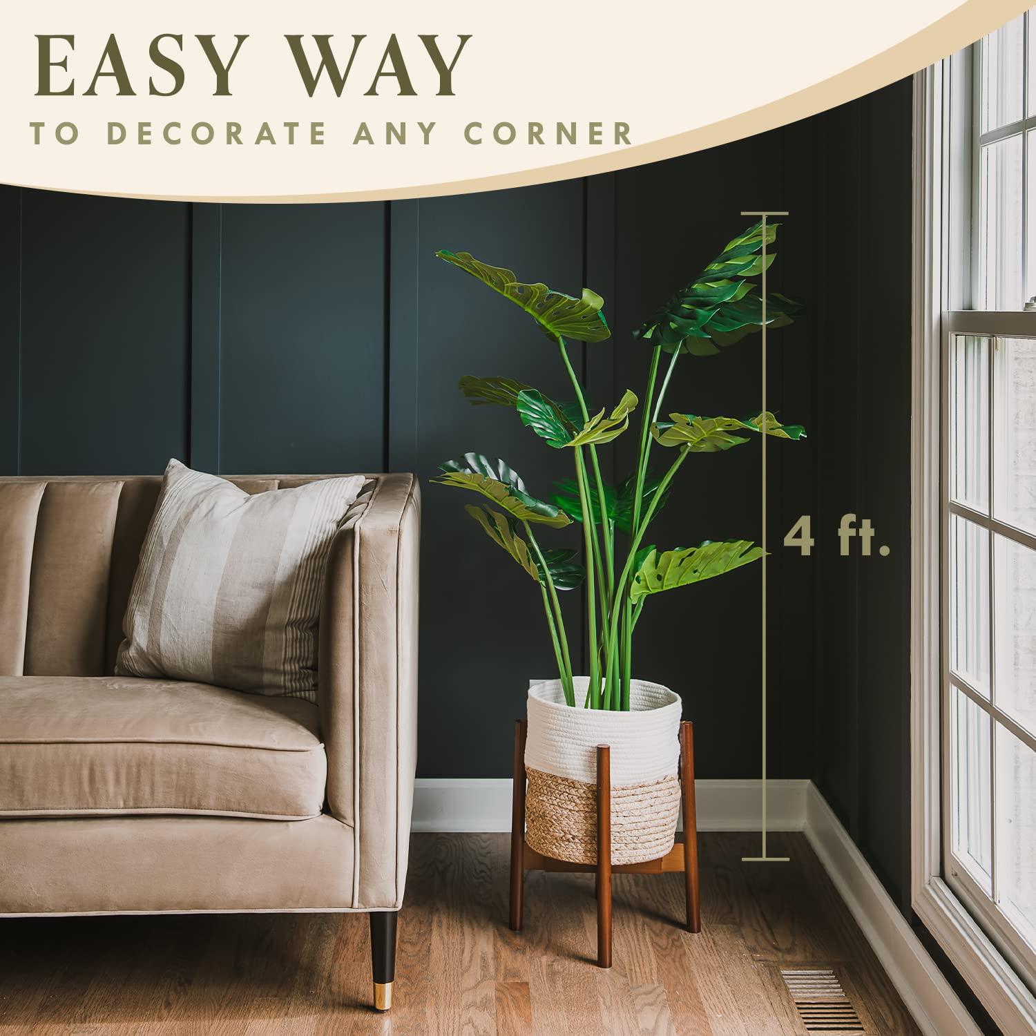 4ft Faux Monstera Plant - Large Artificial Indoor Plants for Home Decor, Tall Fake Plants for Living Room, Office & Bedroom - Perfect for Modern Home Styling & Office Greenery