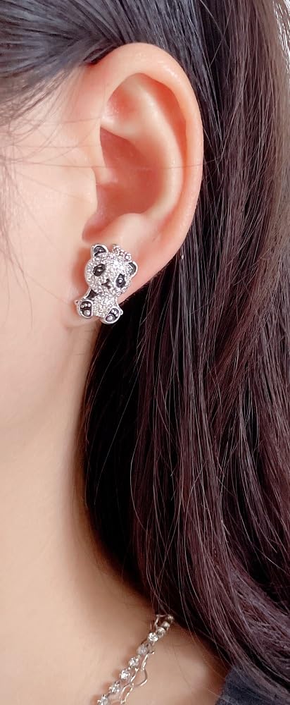 Hypoallergenic CZ Panda Stud Earrings for Women - Sterling Silver Plated Asymmetric Crystal Animal Huggie Earrings - Sensitive Ear Friendly Fashion Jewelry - Perfect Gift for Daughter, Sister & BFF - Great for Casual Wear, Date Nights & Special Occasions