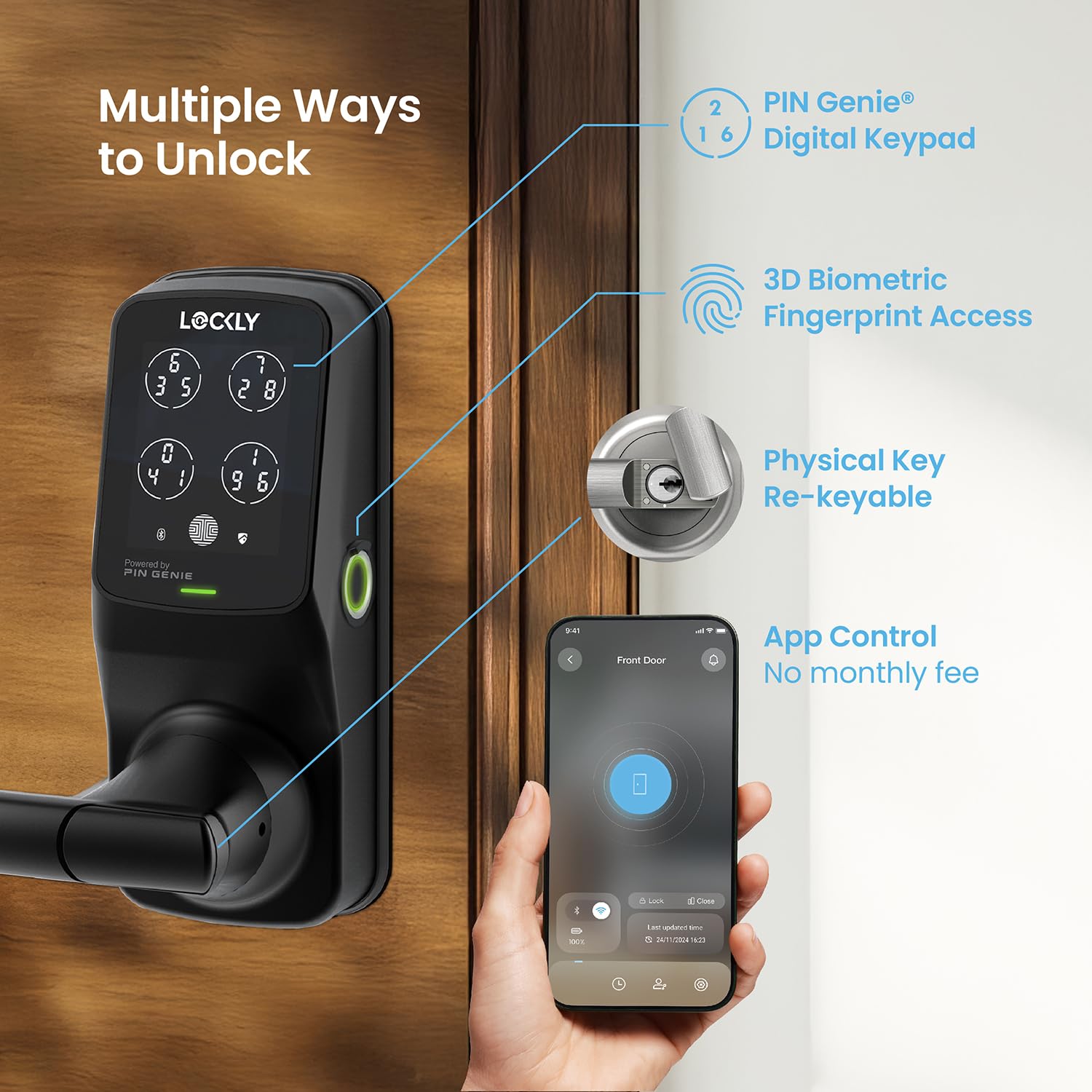 Lockly Secure Pro Smart Lock with Wi-Fi - Keyless Entry Digital Keypad, 3D Biometric Fingerprint Sensor & Voice Control for Front Doors - Auto Lock Latch Edition | Perfect for Smart Homes, Vacation Rentals & Enhanced Home Security