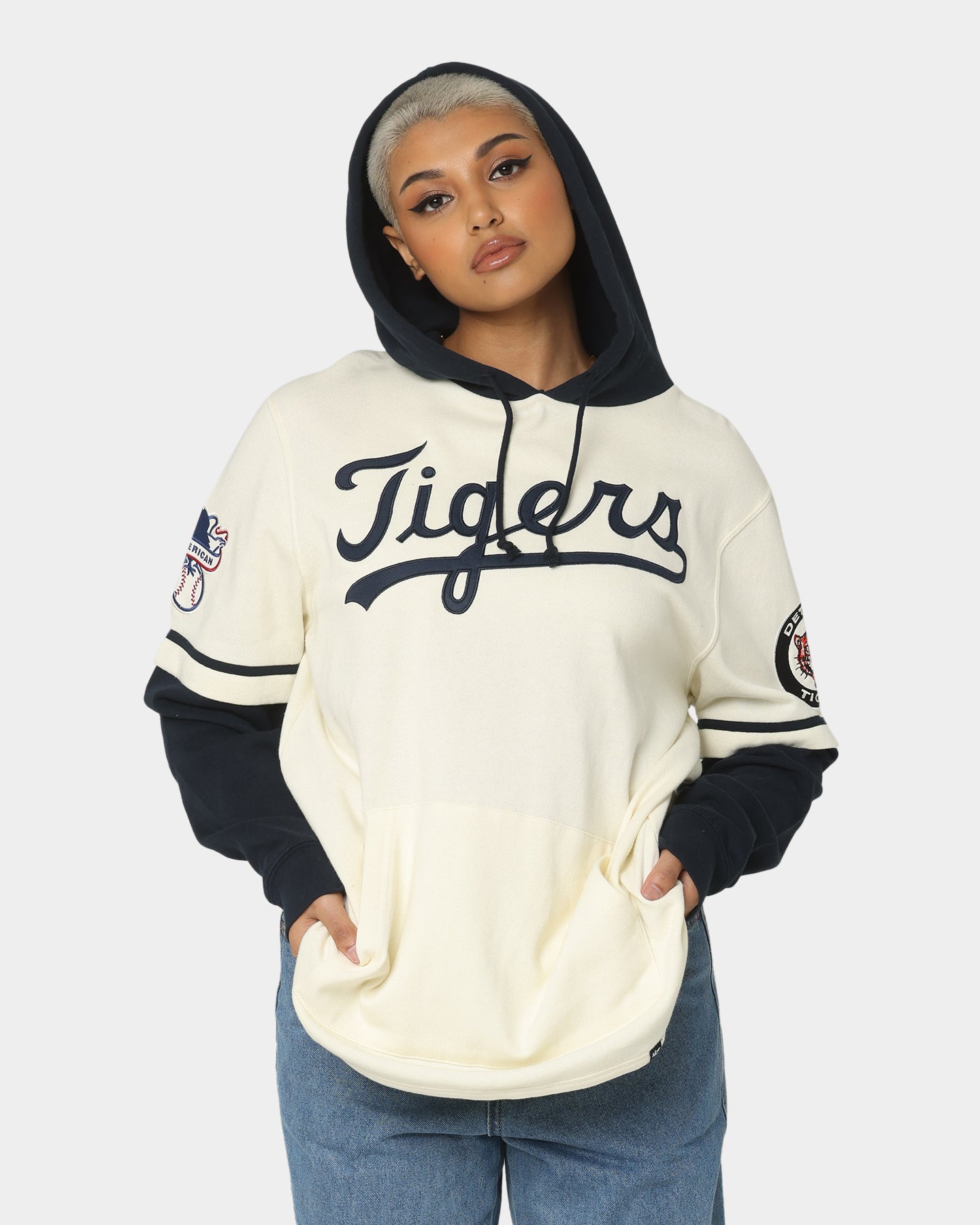 47 Brand Detroit Tigers Shortstop Hoodie Cream - Men's Baseball Fan Hooded Sweatshirt for Casual Wear & Game Day Outfits