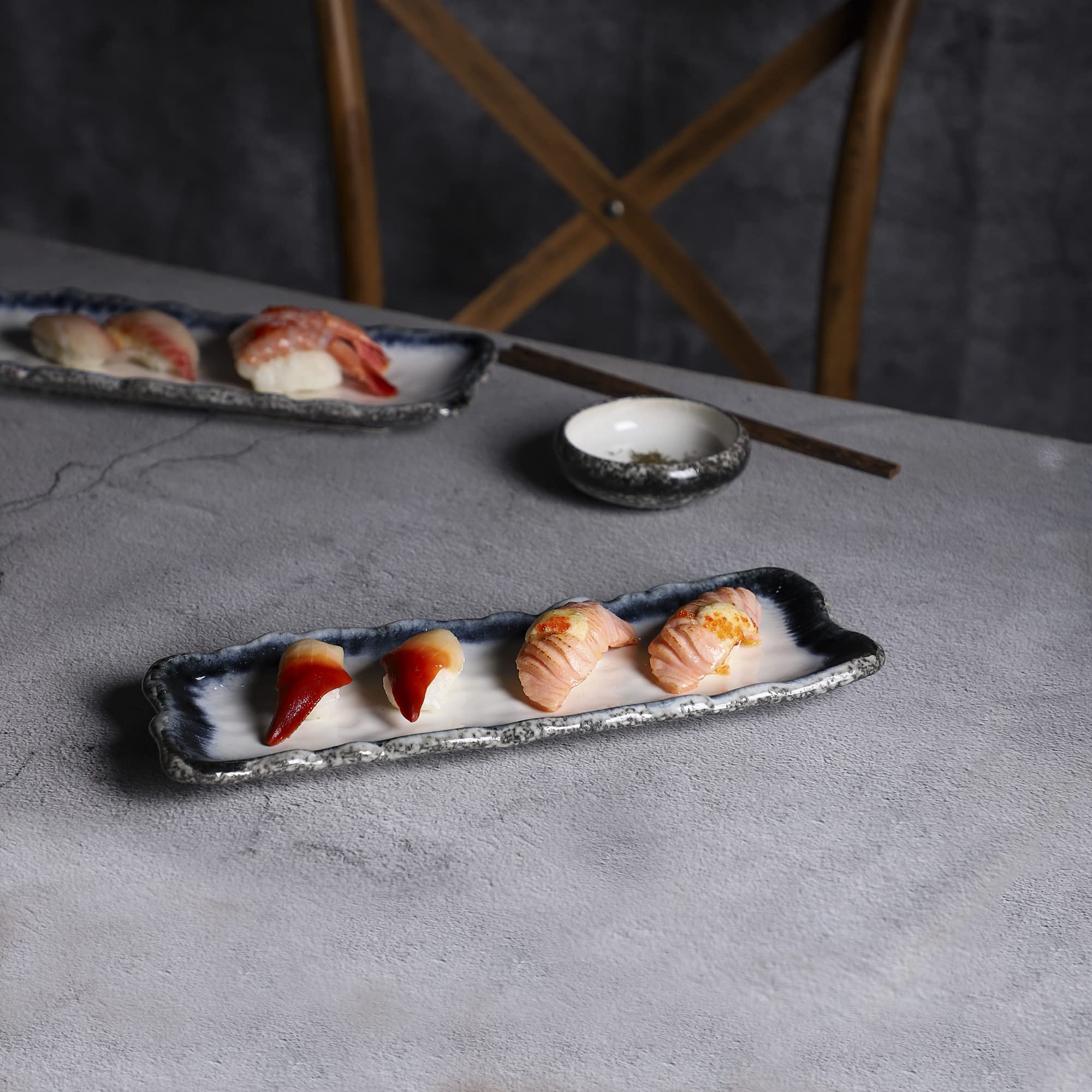 Premium Japanese Sushi Plates Set - 12.5 Inch Stoneware Rectangular Sashimi & Sushi Serving Dishes (Set of 4, Blue & White) - Perfect for Home Dining, Restaurants & Japanese-Themed Parties