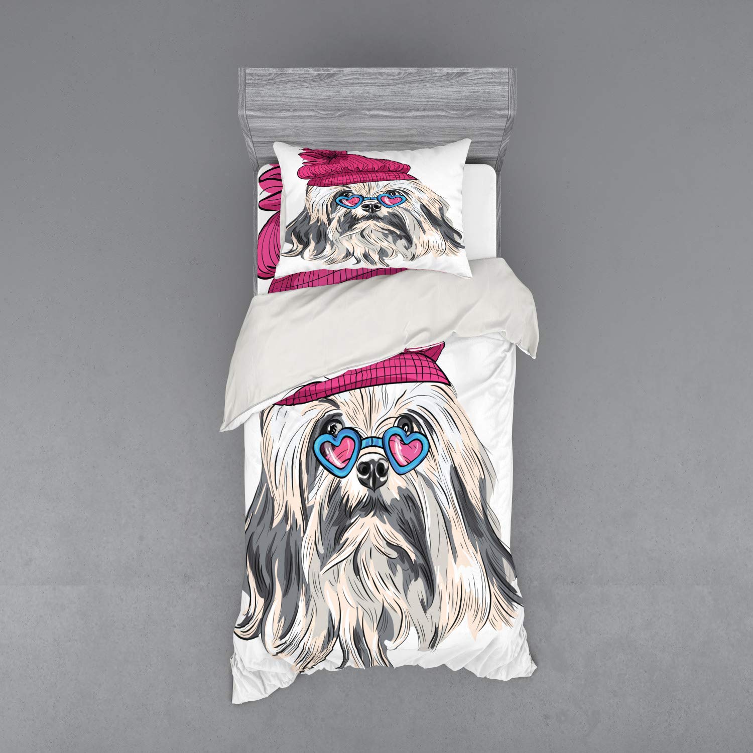 Ambesonne Indie 3-Piece Twin XL Bedding Set - Lion Bichon Lowchen Dog with Heart Glasses & French Hat Print Duvet Cover, Sham & Fitted Sheet - Grey Pink Blue Dog Lover's Bedroom Decor for Kids & Teens