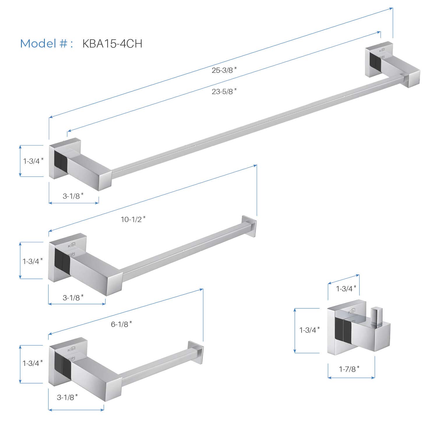 KIBI Cube 4-Piece Bathroom Hardware Set - Solid Brass Towel Bar, Towel Ring, Toilet Paper Holder & Robe Hooks - Chrome Finish (C-KBA15-4) | Modern Bathroom Accessories for Home & Hotel Decor