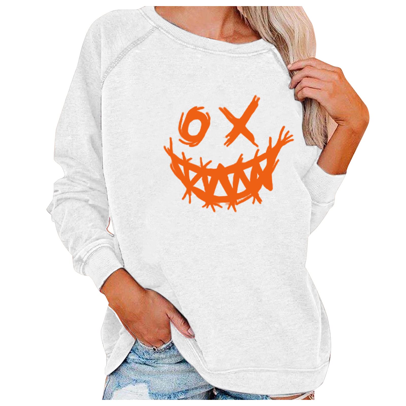 Women's Halloween Pumpkin Print Long Sleeve Sweatshirt - Lightweight Casual Pullover Top for Fall & Spooky Season Outfits | Perfect for Pumpkin Patch Visits, Halloween Parties & Cozy Autumn Days