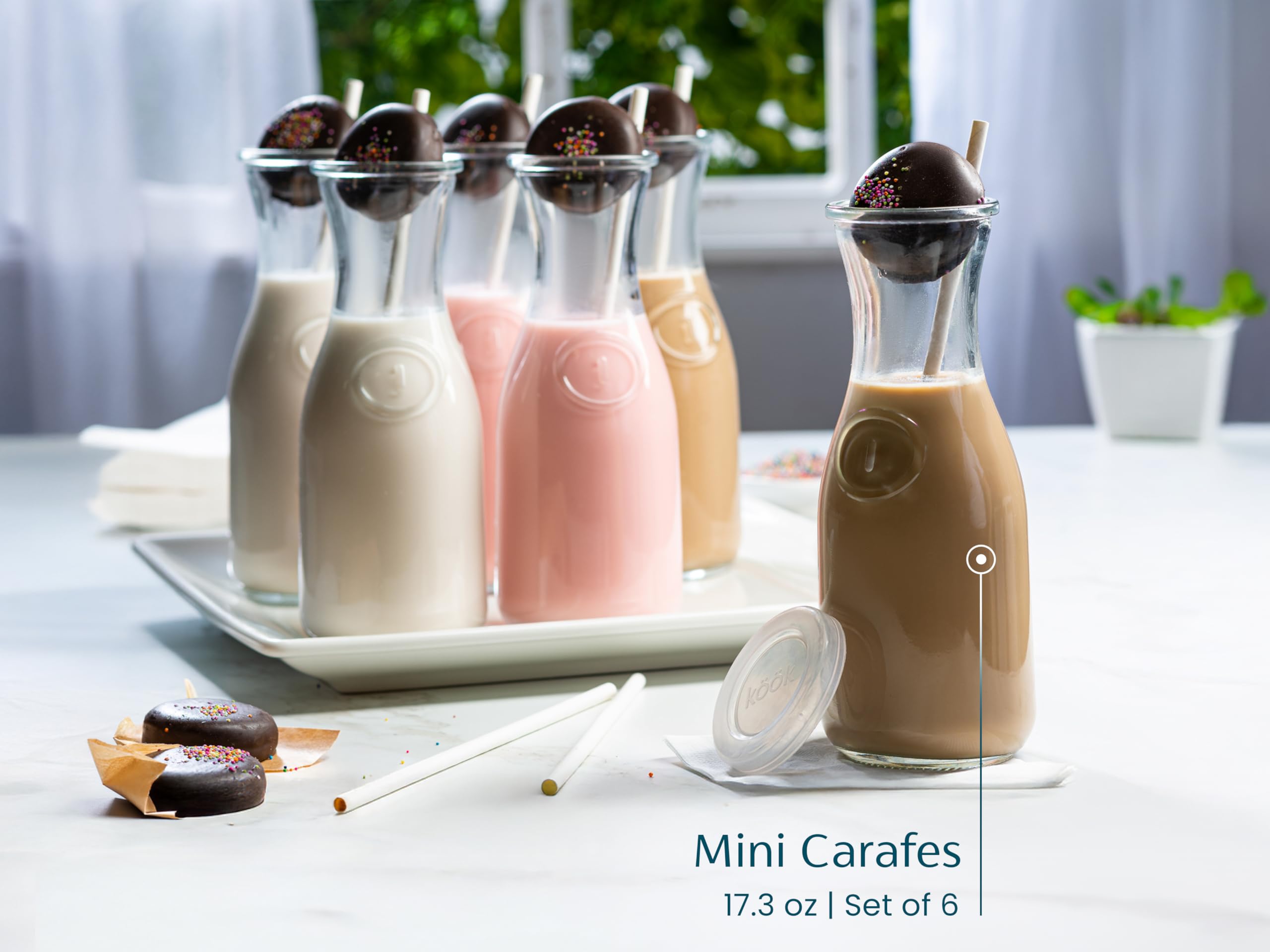 Kook 6-Piece Glass Carafe Pitcher Set - 17.3 oz Mini Beverage Dispensers for Mimosas, Water, Wine, Milk & Juice - Clear Glass Jugs with Plastic Lids, Dishwasher Safe - Perfect for Parties, Brunch & Home Entertaining
