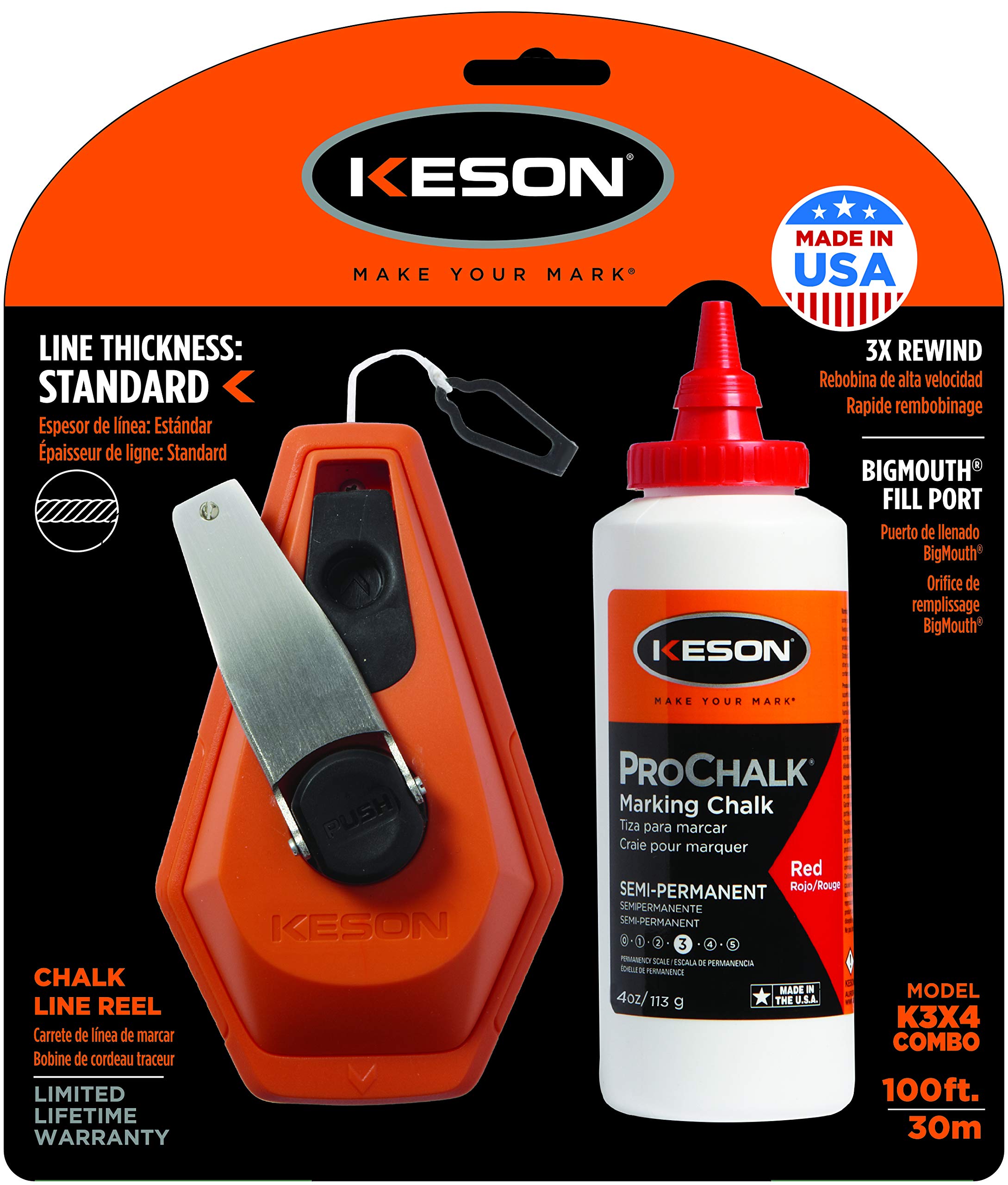 Keson K3X4R 3x1 Rewind Chalk Line Reel Combo with 4oz Red Chalk - 100ft Professional Measuring Tool for Construction, Carpentry & DIY Projects | Perfect for Marking Straight Lines on Floors, Walls & Concrete Surfaces