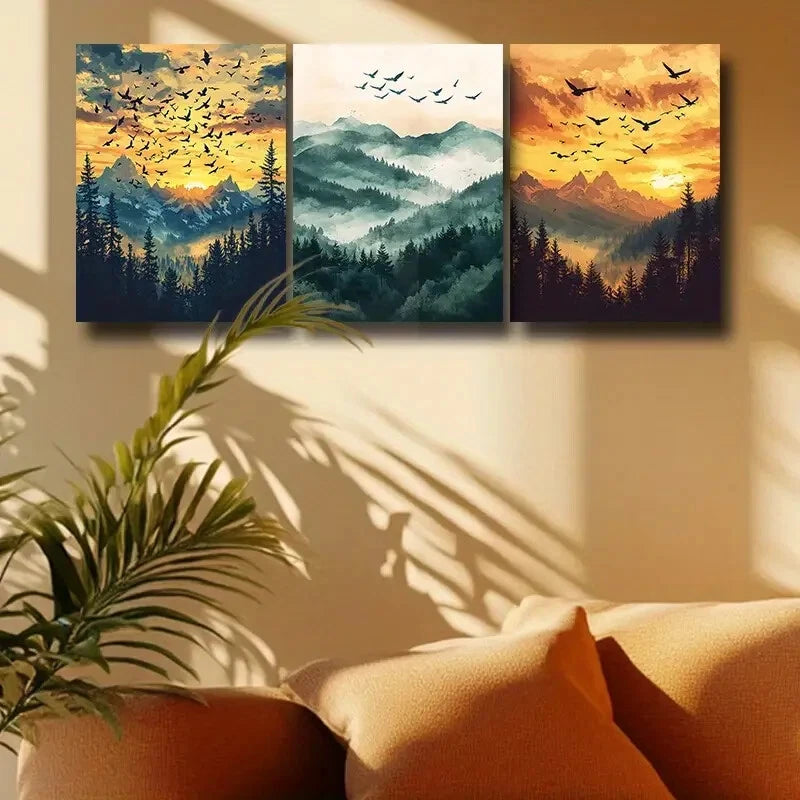 3-Piece Flock of Birds Flying Over Mountains Metal Wall Art - Ready to Hang Landscape Decor for Living Room, Bedroom & Office