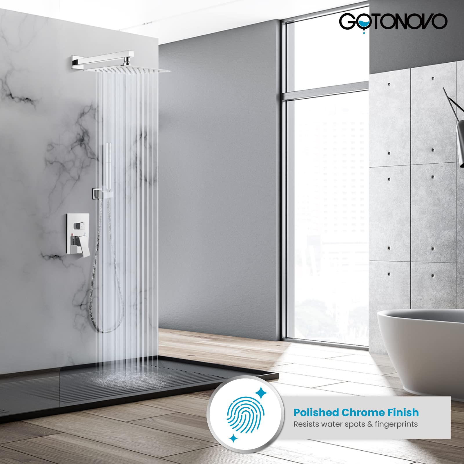 Gotonovo 12 Inch Square Chrome Polished Shower Faucet Set - Wall Mount Rainfall Shower System with 2-in-1 Cylindrical Handheld Shower & Rough-in Valve | Modern Bathroom Upgrade for Spa-Like Experience
