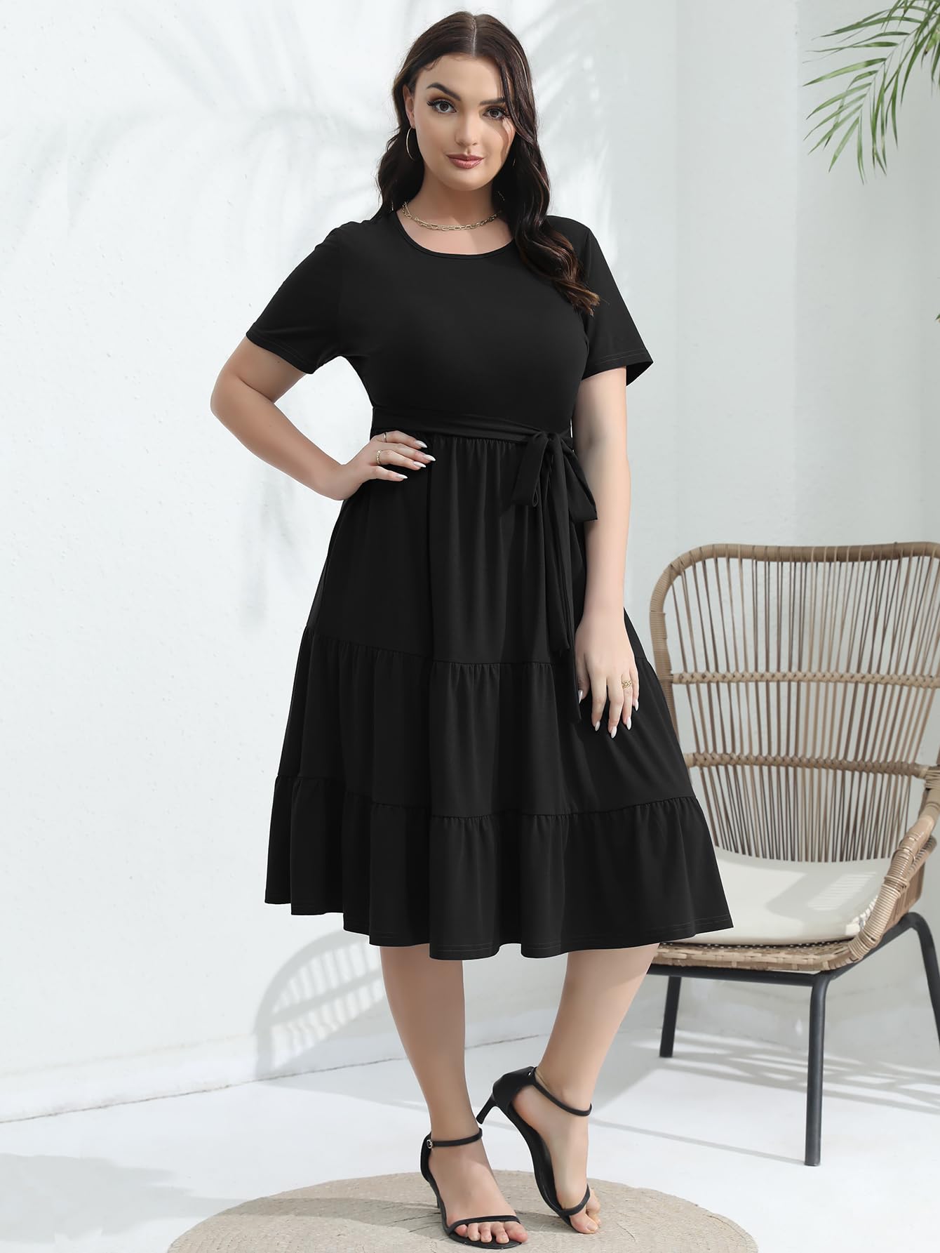Elegant Plus Size Floral Midi Dress for Women 2025 - Tiered Flowy Belted Modest Wedding Guest Dress with Pockets | Perfect for Weddings, Parties & Special Occasions