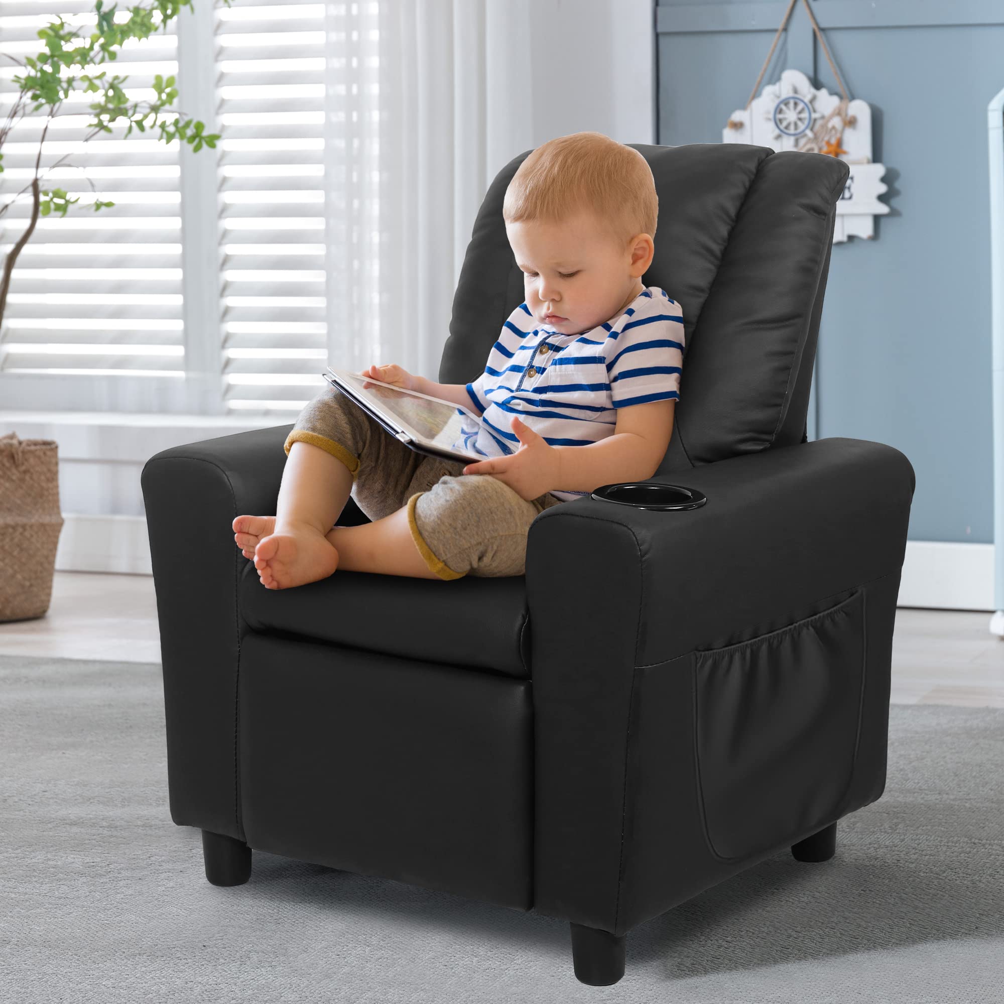 **Kids Recliner Chair with Cup Holder & Side Pockets - Toddler Recliner for Boys & Girls Ages 0-5, Non-Slip Footstool Included - Perfect for Playrooms, Bedrooms & Movie Nights (Black)**