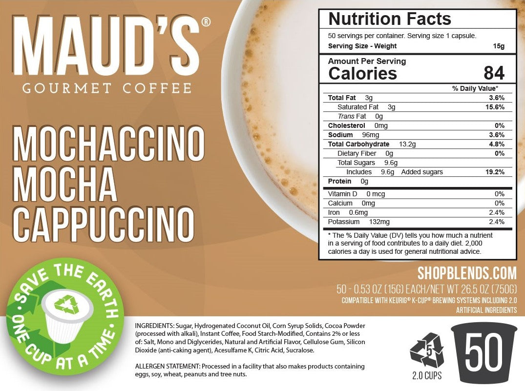 Premium Maud's Chocolate Mocha Cappuccino Coffee Pods - Compatible with Keurig 2.0 - Rich & Creamy Flavor - Perfect for Morning Brews, Office Coffee Breaks & After-Dinner Treats