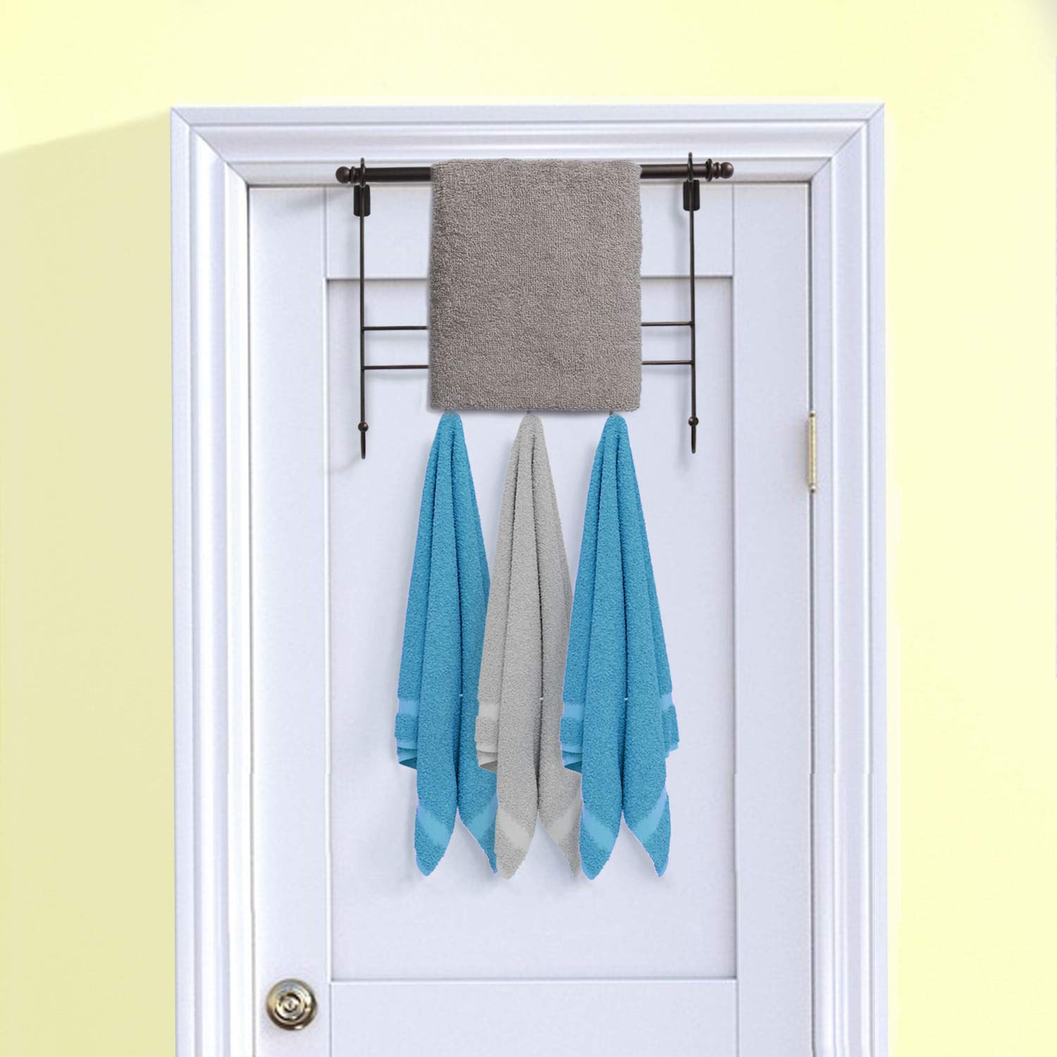 Blue Donut Over The Door Towel Rack with 5 Hooks - Bronze Bathroom Towel Holder for Kitchen, Bedroom & Laundry Room Organization