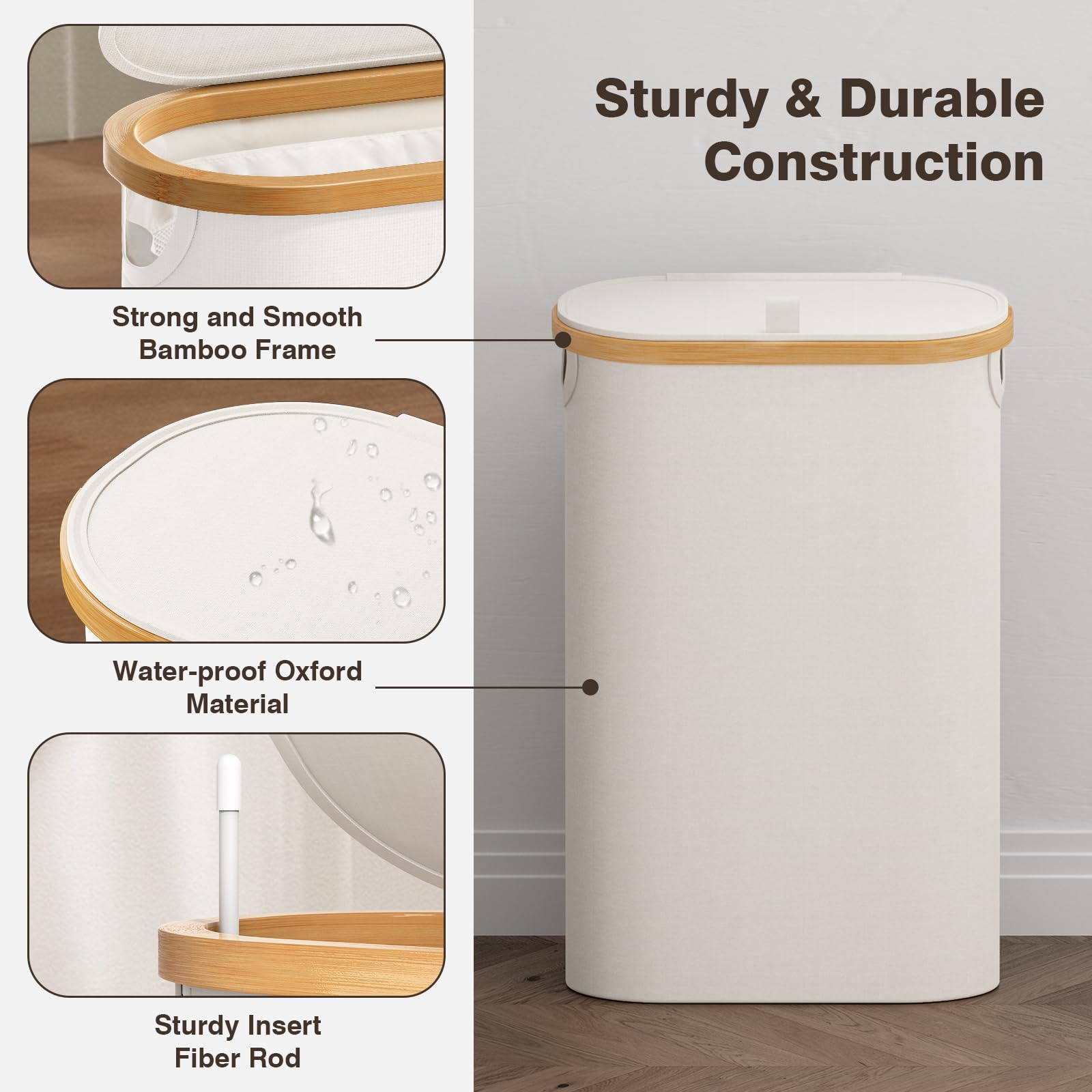 Slim Laundry Hamper with Lid - 60L Small Laundry Basket with Handles & Removable Bag - Space-Saving Dirty Clothes Hamper for Bedroom, Bathroom, Dorm - Beige Aesthetic Laundry Organizer for Home & Apartment