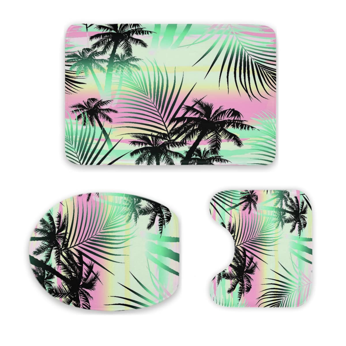 3-Piece Bathroom Rug Set - Non-Slip Toilet Mat, Floor Mat & Carpet with Tropical Palm Design | Ultra Soft, Absorbent & Washable for Bathroom, Shower & Vanity Areas