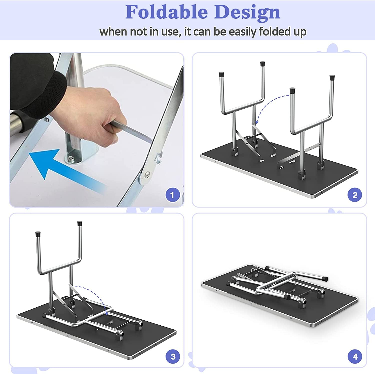 Foldable Stainless Steel Pet Grooming Table for Dogs - Heavy Duty 330lbs Capacity, Adjustable Height with Overhead Arms, Noose & Mesh Tray - 42 Inch Blue Professional Dog Bathing & Drying Station - Perfect for Home Grooming, Pet Salons & Veterinary Clinics