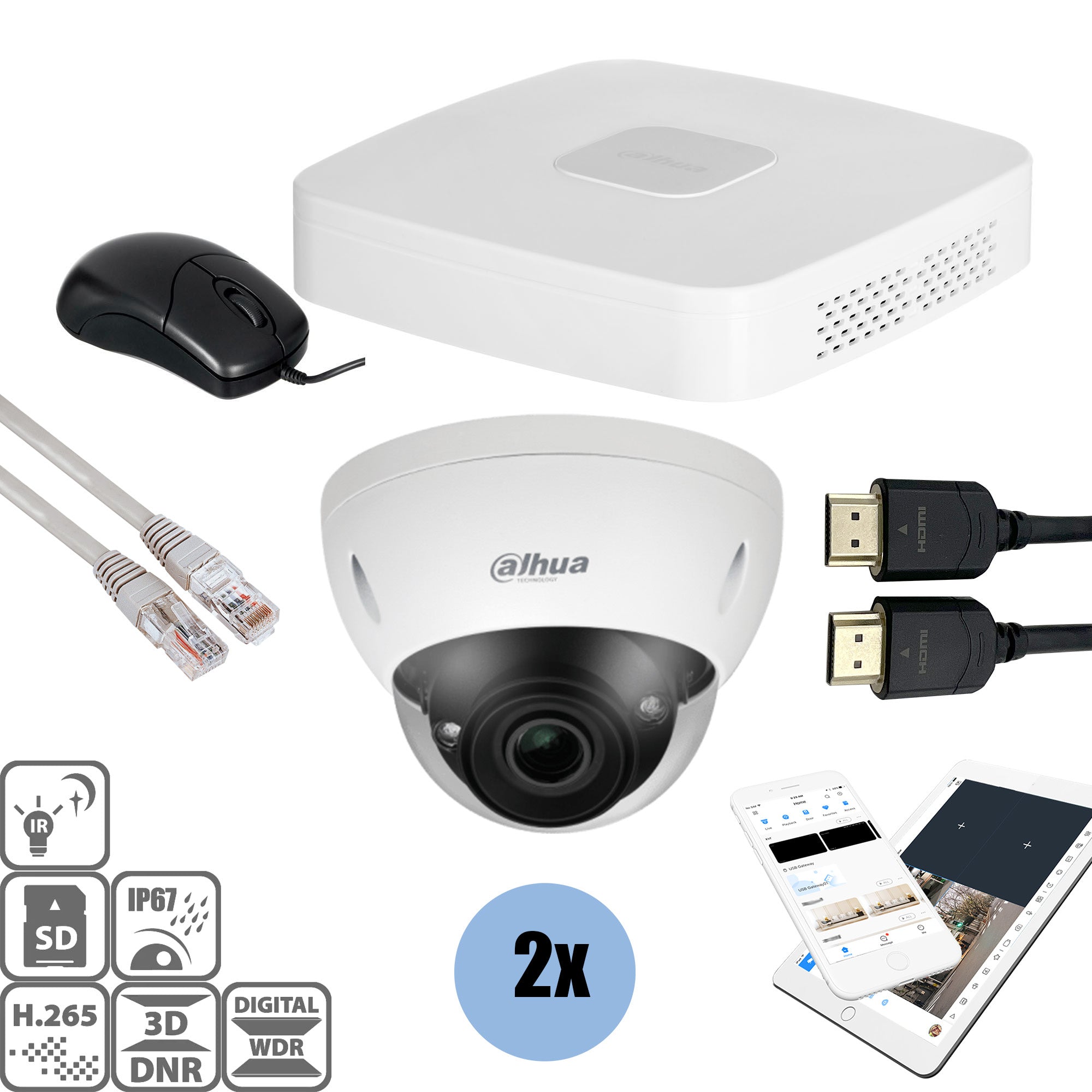 2-Pack 8MP Dome Security Camera Set with DVR Recorder & Cables - Indoor/Outdoor Surveillance for Home & Business Security
