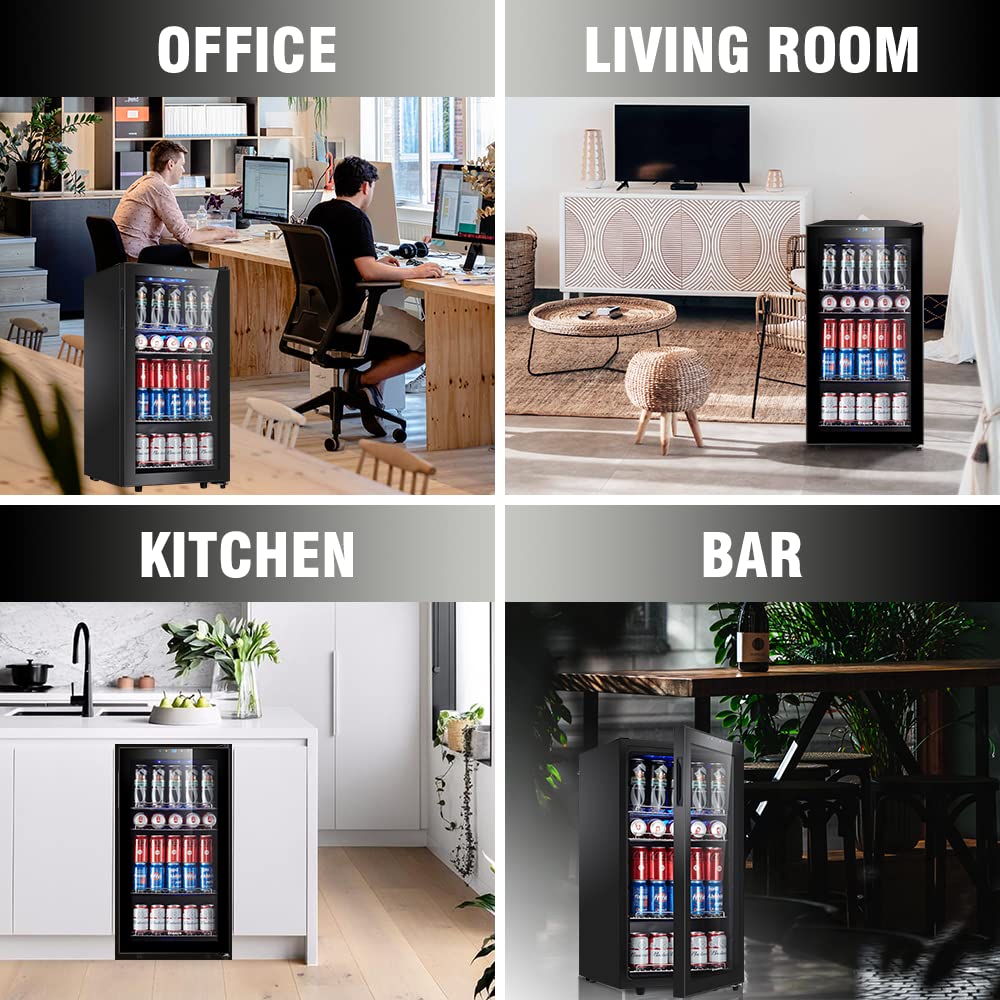 3.3 Cu.ft Mini Beverage Refrigerator - Freestanding 125 Can Capacity Small Drink Fridge with Blue LED Light for Home, Office, Dorm & Bar Use