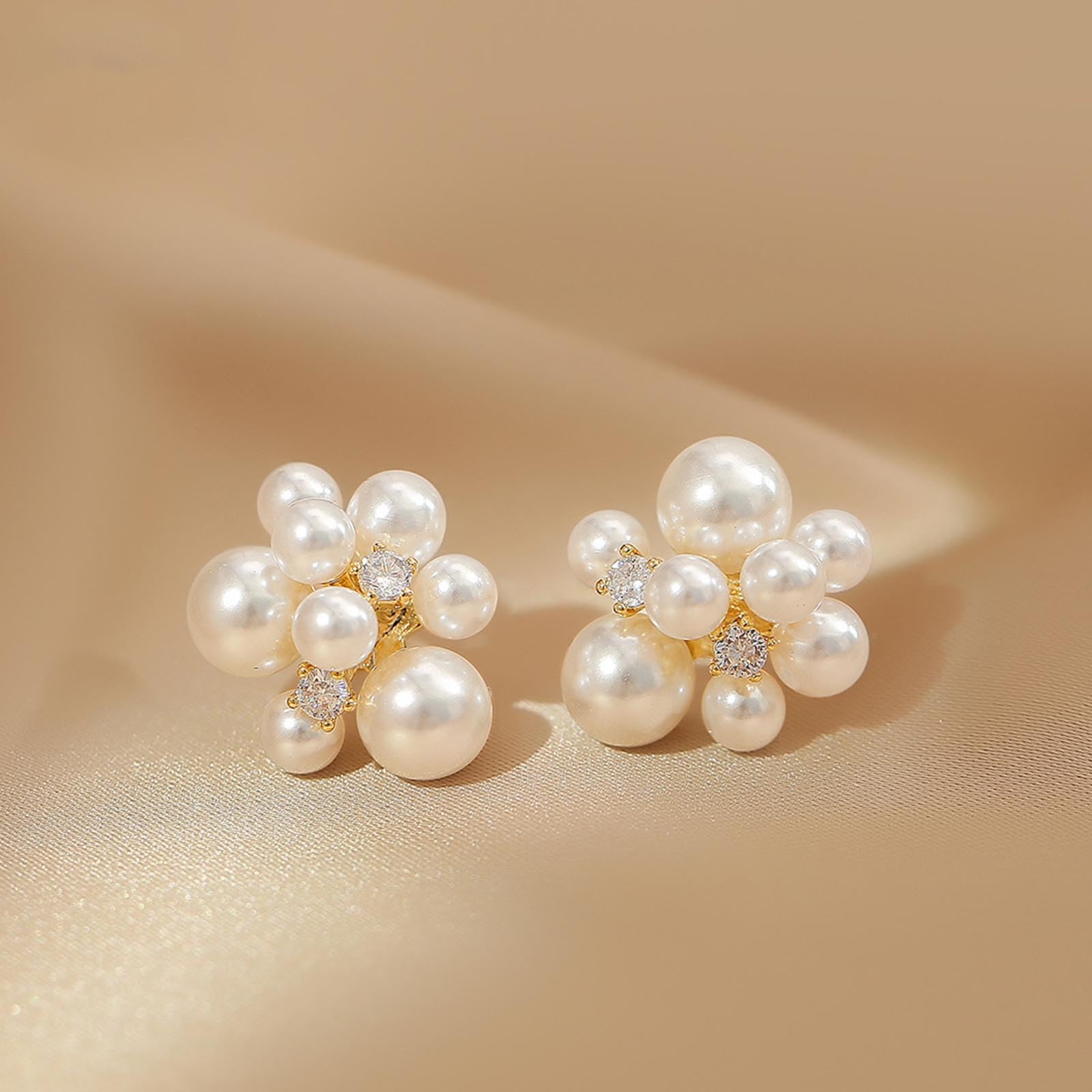 Boho Pearl Cluster Stud Earrings for Women - French Ball Drop Dangle Earrings with Rhinestones - Simulated Pearl Bridal Wedding Jewelry - Perfect for Boho Chic, Casual Wear, and Special Occasions