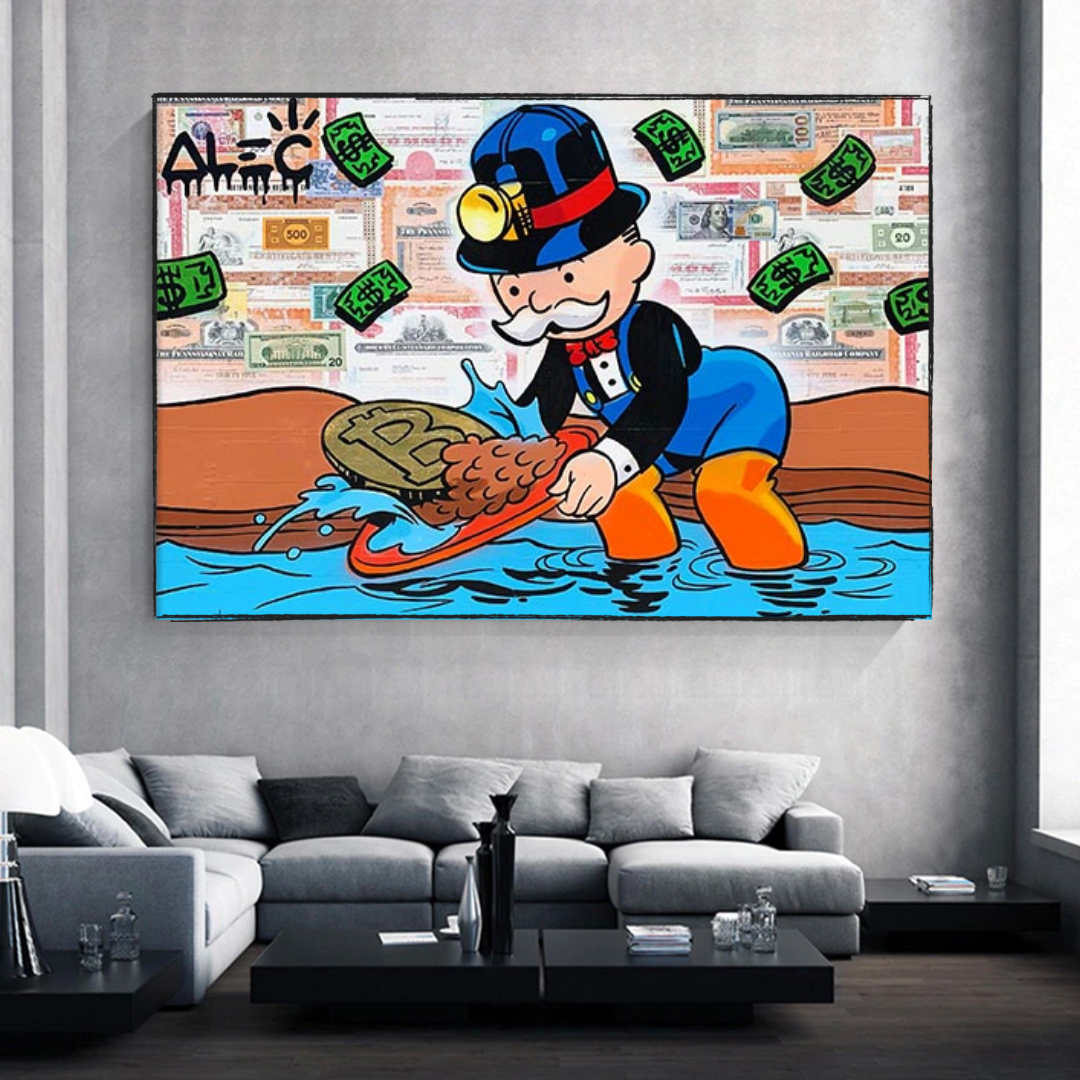Alec Monopoly Man Bitcoin Mining Artwork - Unique Crypto Landscape Wall Decor for Home & Office - Perfect for Bitcoin Enthusiasts & Modern Art Collectors