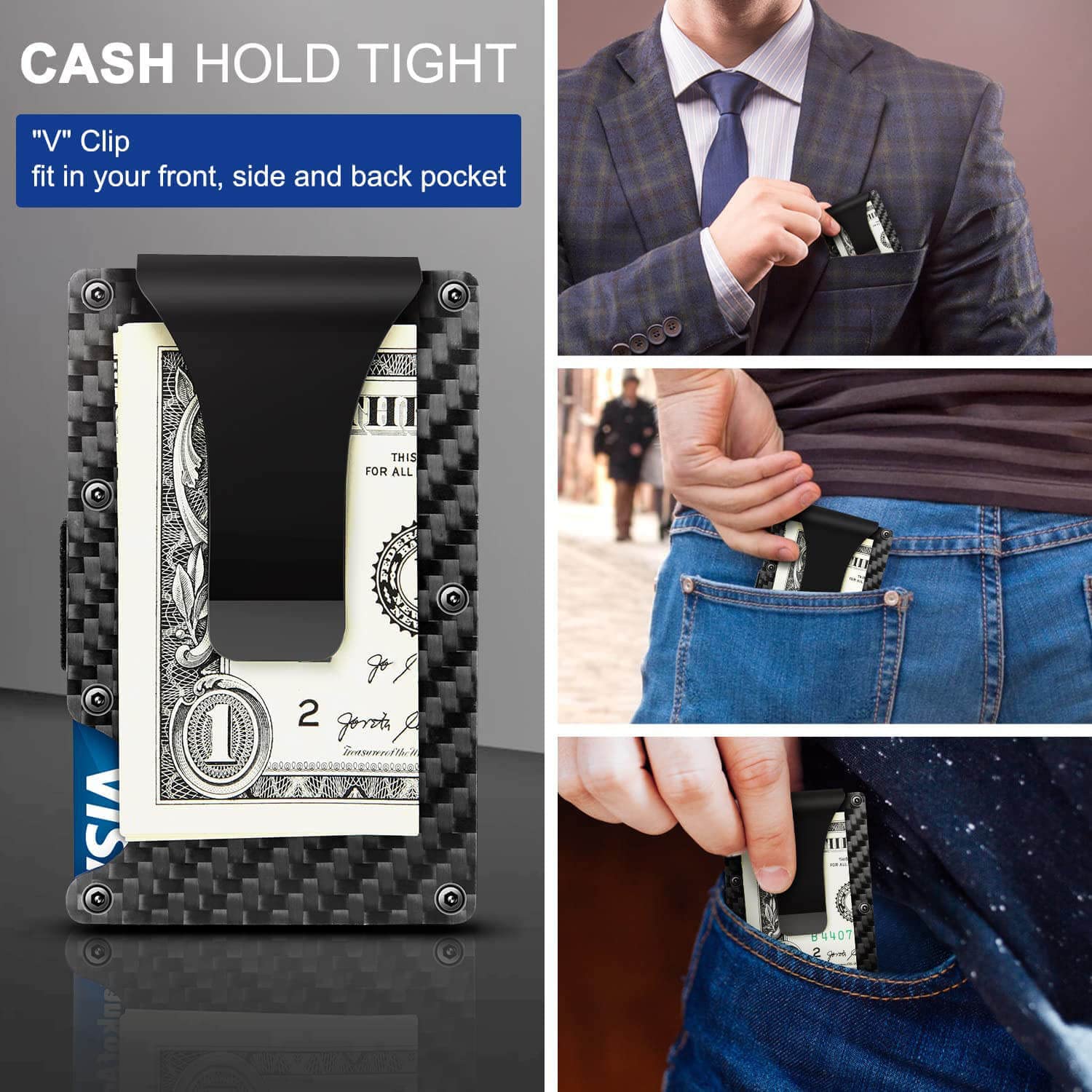 LEXTURE Custom Minimalist Wallets for Men - Personalized RFID Blocking Money Clip Wallet (Matte Carbon Fiber) | Perfect Gift for Dad, Husband & Business Professionals