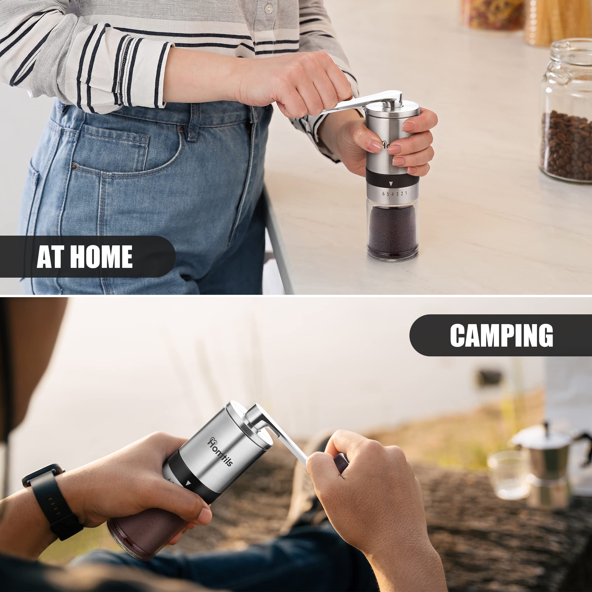 Premium Manual Coffee Grinder with Adjustable Coarseness - 6-Settings Stainless Steel Burr Mill for French Press, Espresso & Pour Over - Portable Hand Crank Coffee Bean Grinder with Glass Jar, Cleaning Brush & Scoop - Perfect Gift for Home Baristas & Coffee Enthusiasts - Ideal for Camping, Travel & Office Use