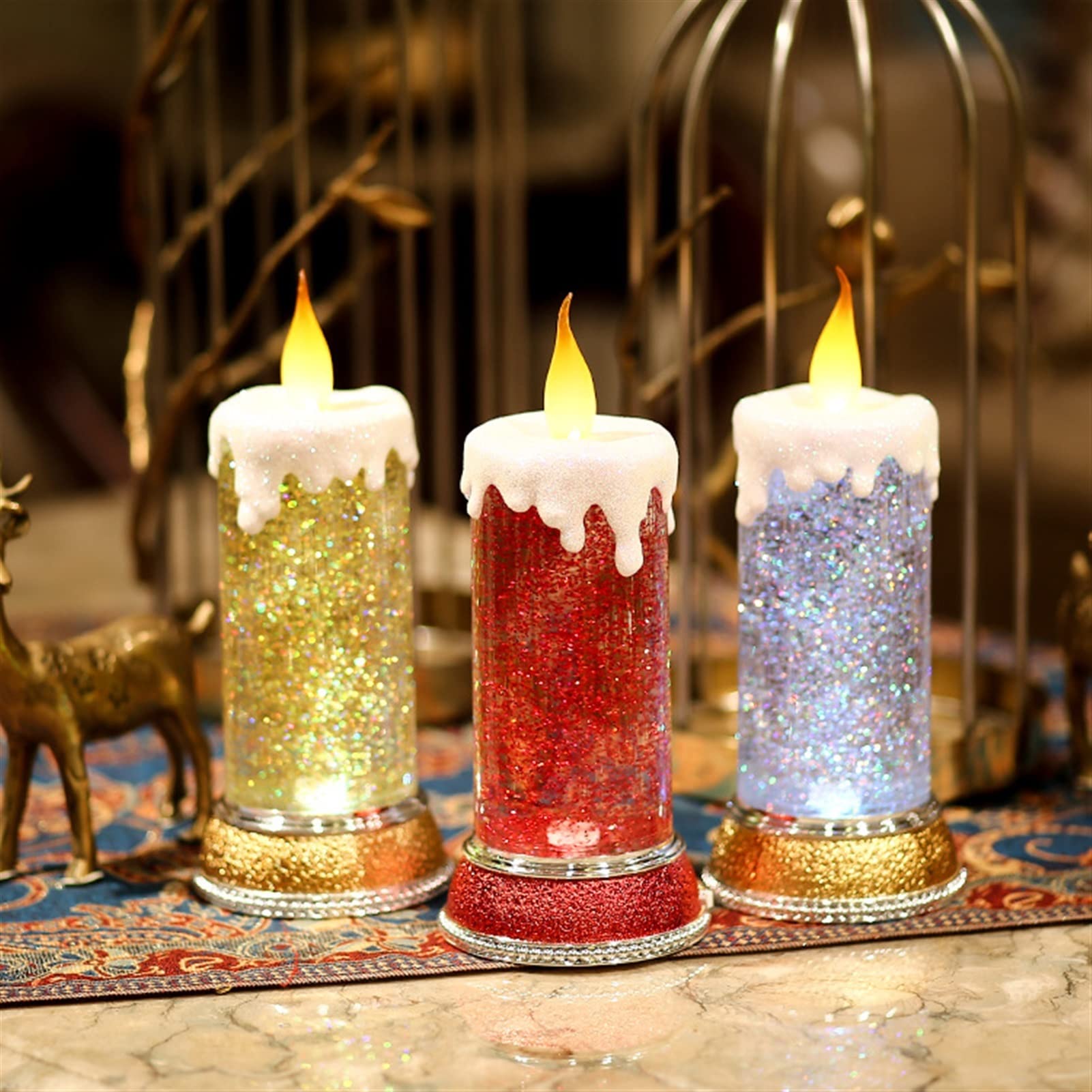 BXMY Rechargeable Flameless LED Candles with Glitter & Color Changing Effects - Waterproof Electronic Candles for Home Decor, Weddings & Parties (Gold, Red, Multicolor) | Romantic Ambiance, Table Centerpieces, Outdoor Lighting