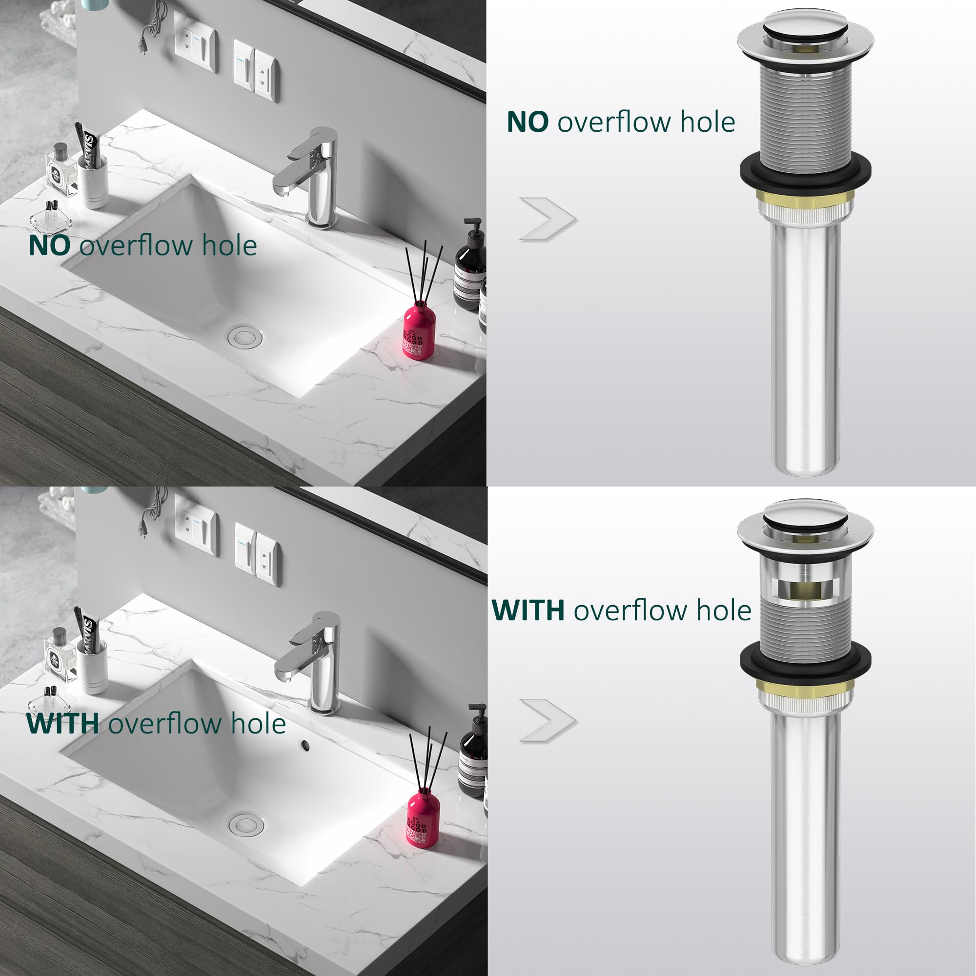 All Metal Heavy Duty Bathroom Sink Drain with Overflow - Brushed Nickel Brass & 304 Stainless Steel Rustproof Vessel Lavatory Vanity Pop Up Drain Stopper - Perfect for Modern Bathrooms and Powder Rooms