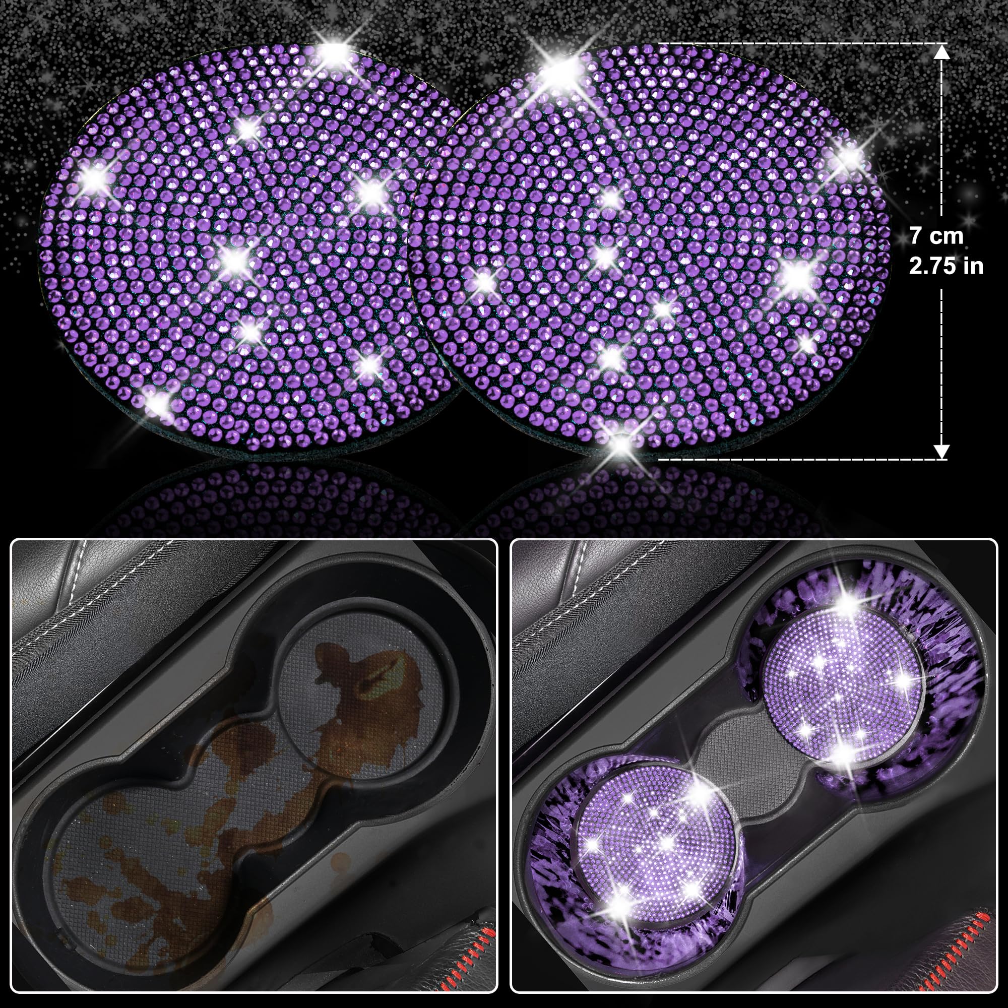 CAR PASS Bling Diamond Leather Car Seat Covers 11 PCS Set - Sparkly Rhinestone Steering Wheel Cover, Glitter Seat Belt Cushion & Cup Holder Coaster - Cute Purple Interior Car Accessories for Women & Girls | Perfect for Daily Commute, Road Trips & Gift Giving