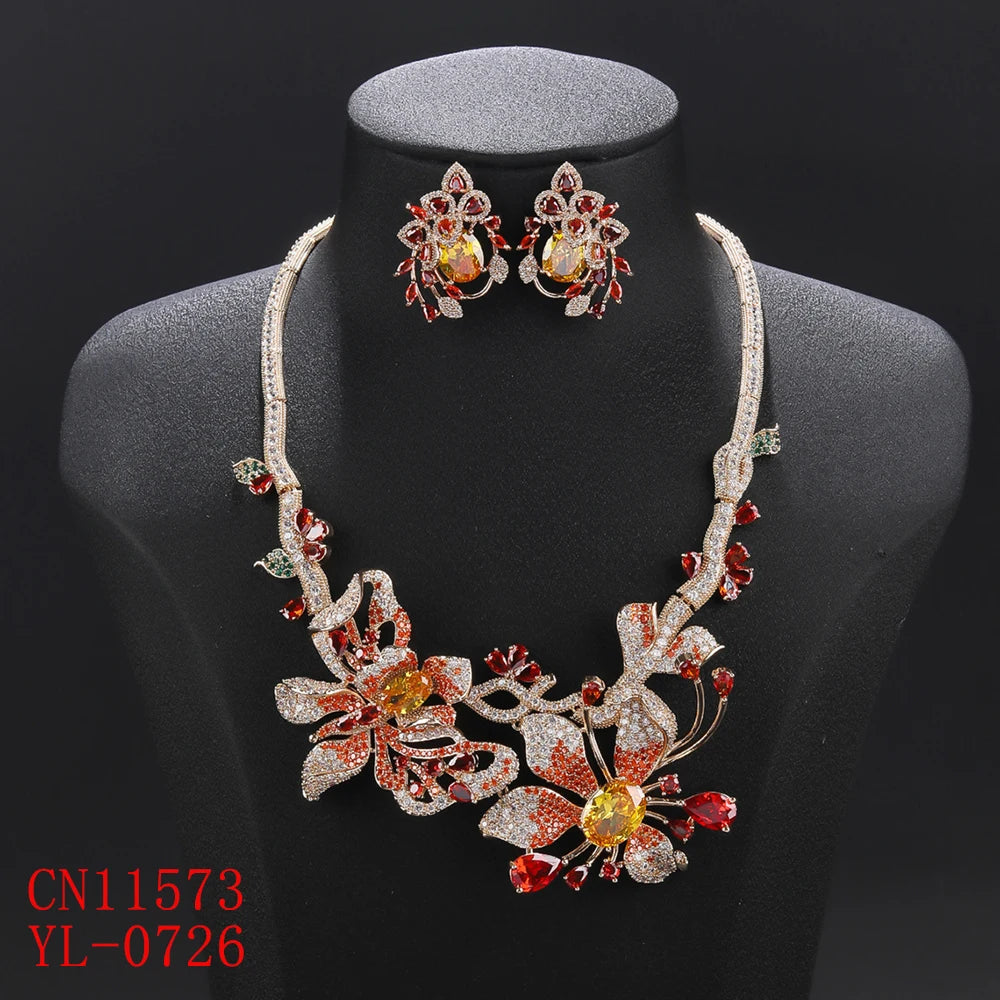 2 Pcs Cubic Zirconia Flower Necklace & Earrings Set for Women - Elegant Wedding & Party Jewelry - Perfect for Bridal, Prom, Anniversary & Special Occasions