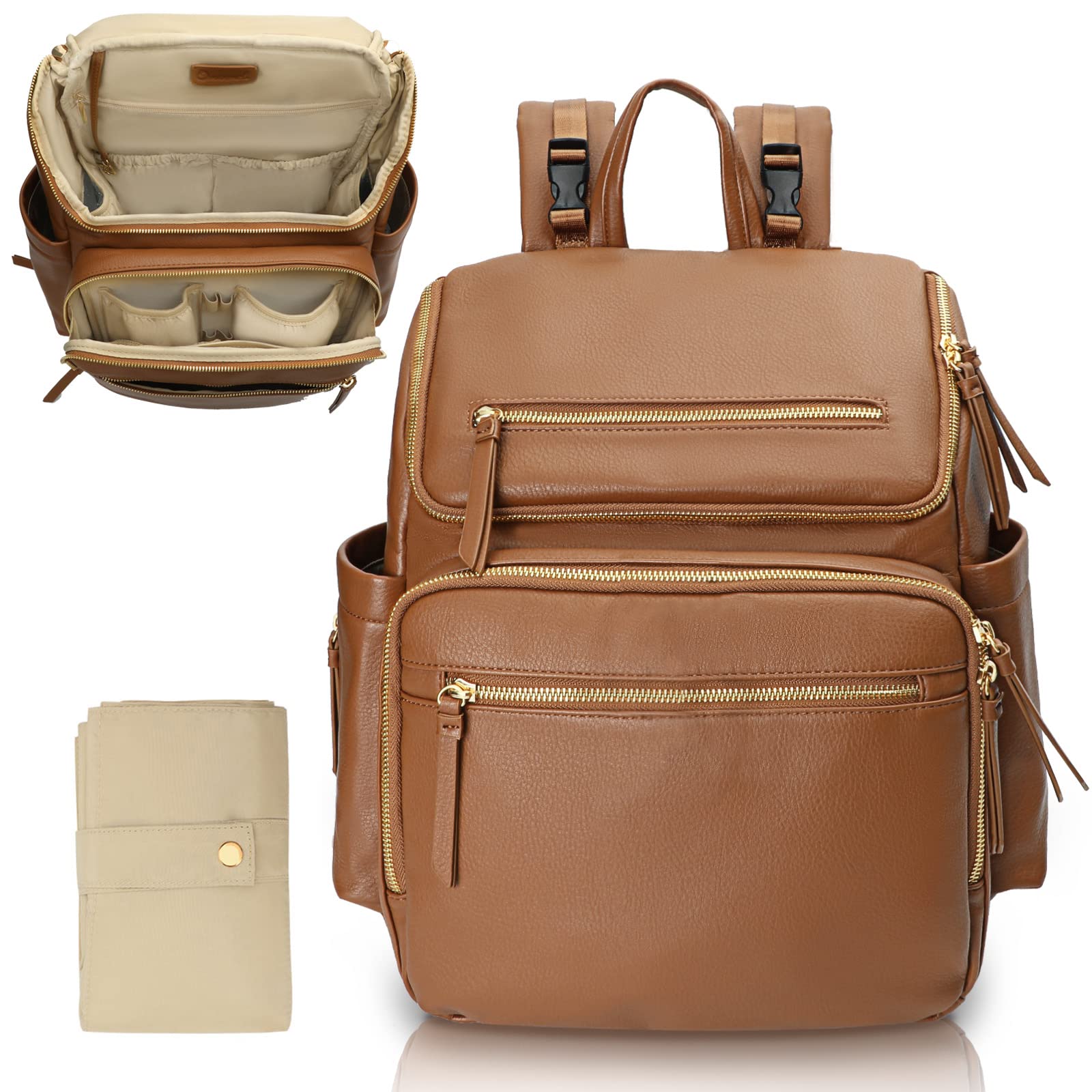 Premium Leather Diaper Bag Backpack for Moms - 17 Organizing Pouches, Changing Pad & Stroller Straps | 4 Insulated Pockets | Stylish Brown Baby Bag for Travel, Daycare & On-the-Go Parenting