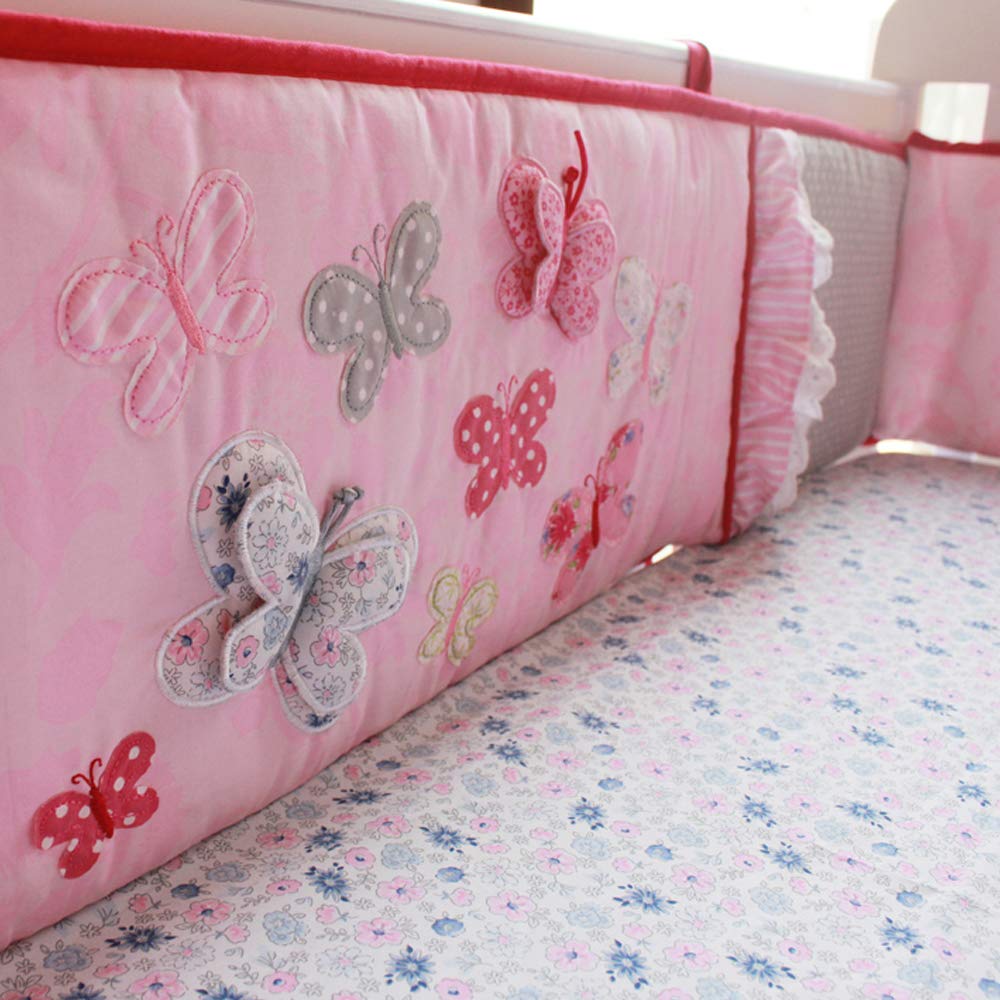 Brandream 5-Piece Pink Butterfly Nursery Bedding Set for Baby Girls - Crib Skirt, Fitted Sheet, Bumper Pads, Window Valance - Soft Cotton Crib Set for Infant & Toddler Bedrooms, Baby Shower Gift