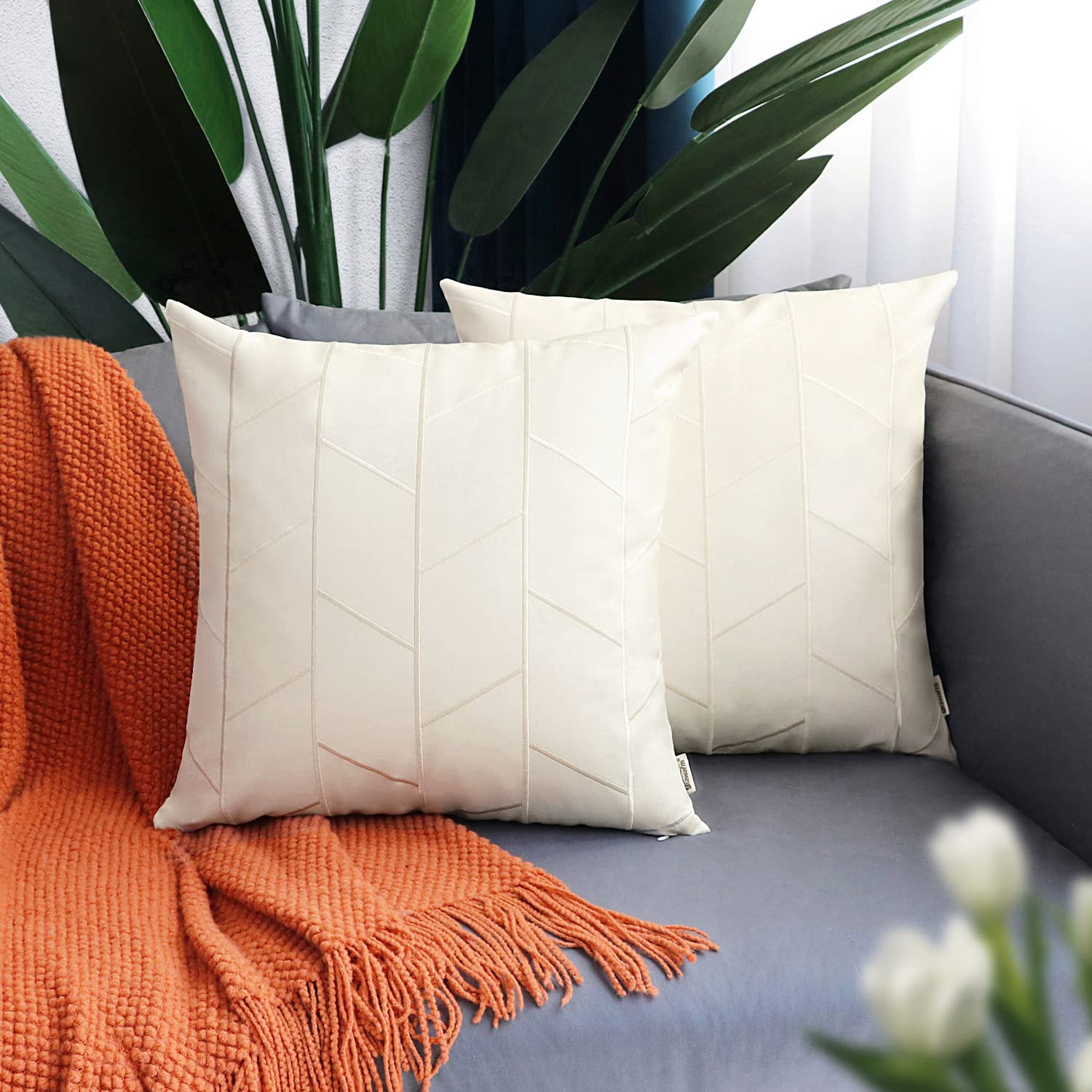 BRAWARM 16x16 Inch Faux Leather Pillow Covers - Pack of 2, Cream Geometric Embroidery Decorative Throw Pillows for Living Room, Couch, Bed & Sofa - Perfect for Home Decor, Farmhouse Style & Cozy Interior Design