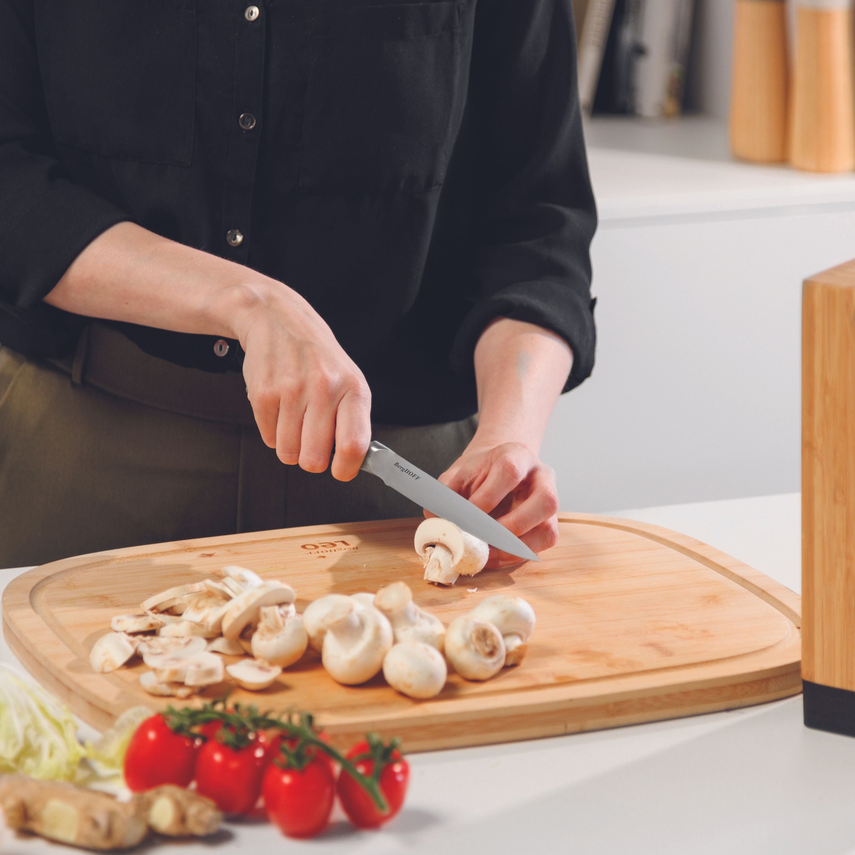 BergHOFF Leo Graphite 5-Piece Knife Block Set - Premium Stainless Steel Kitchen Cutlery with Wooden Holder for Home Cooking & Professional Chefs