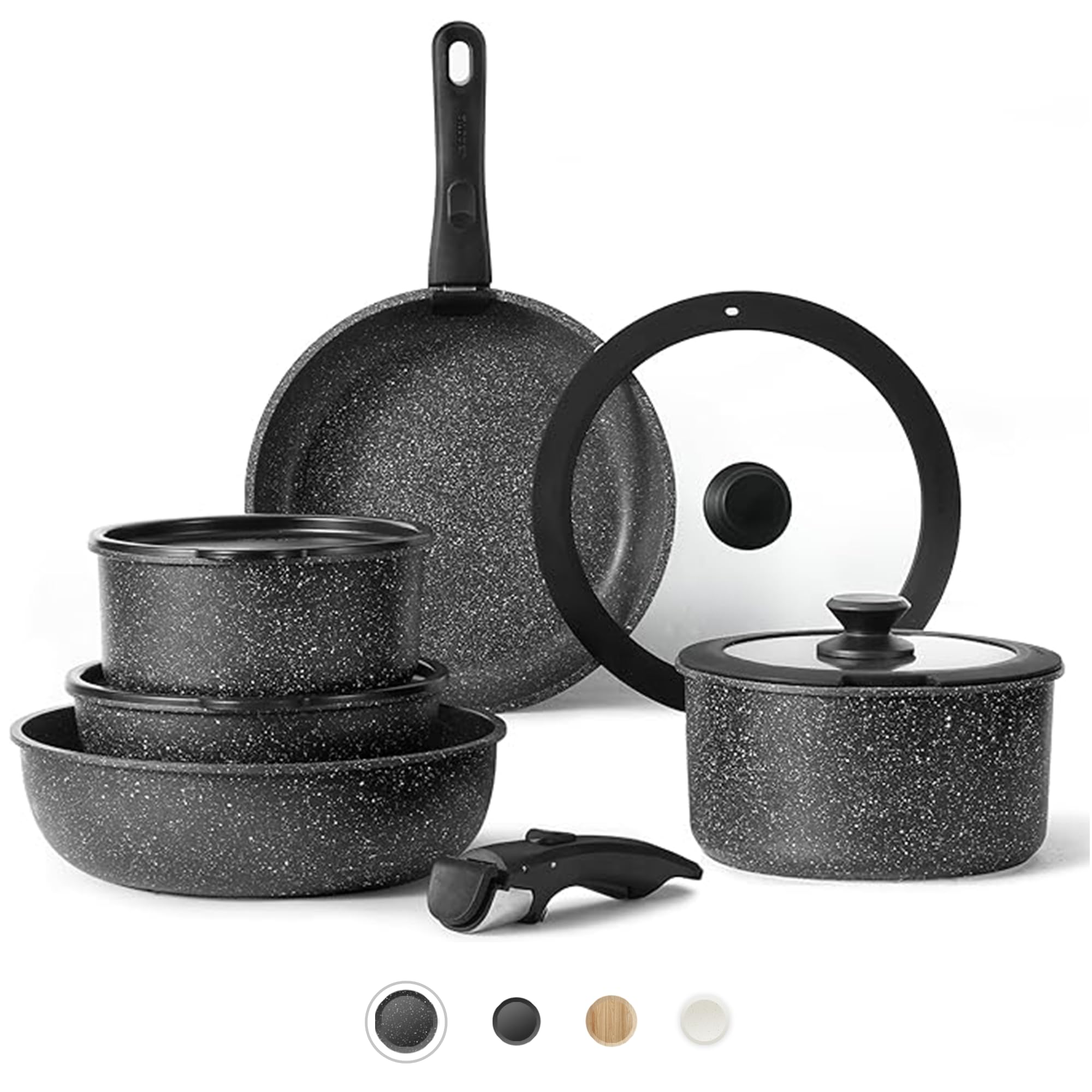 CAROTE 11-Piece Nonstick Cookware Set with Detachable Handle - Induction Compatible, Oven & RV Safe, Black - Perfect for Small Kitchens, Camping & Travel Cooking