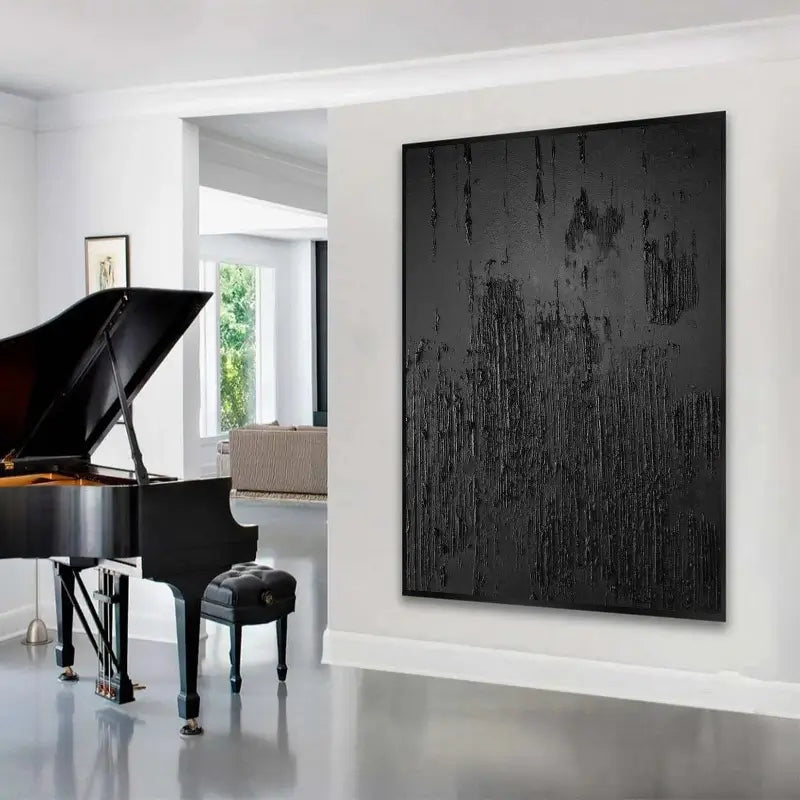 Modern Black Minimalist Textured Wall Art - Abstract Canvas Painting for Living Room, Bedroom & Office Decor | #MZ010