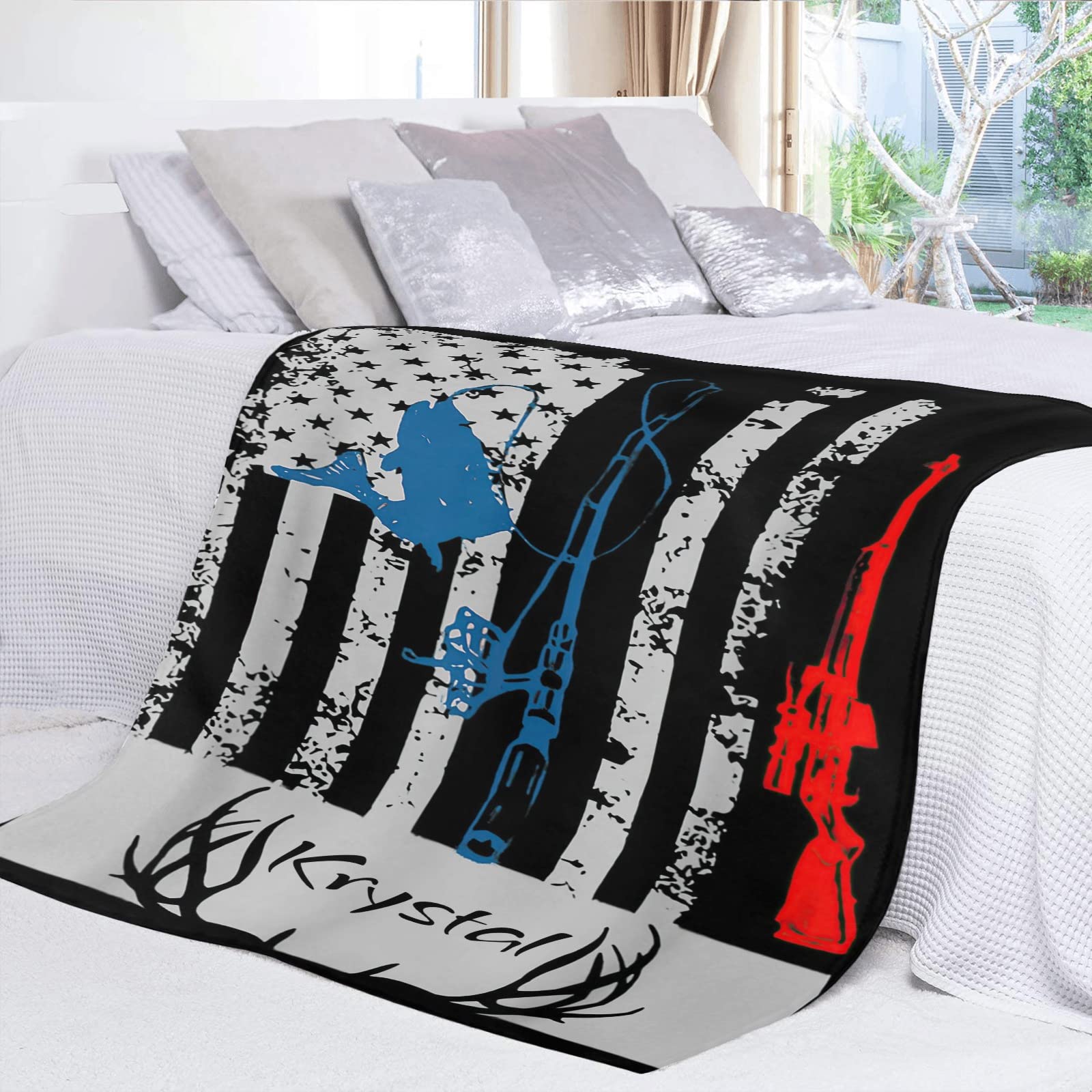 Custom Personalized American Flag Deer Camo Fishing Fleece Blanket - Super Soft 50x60 Inch Throw with Name Text - Perfect for Couch, Sofa, Bed & Outdoor Camping