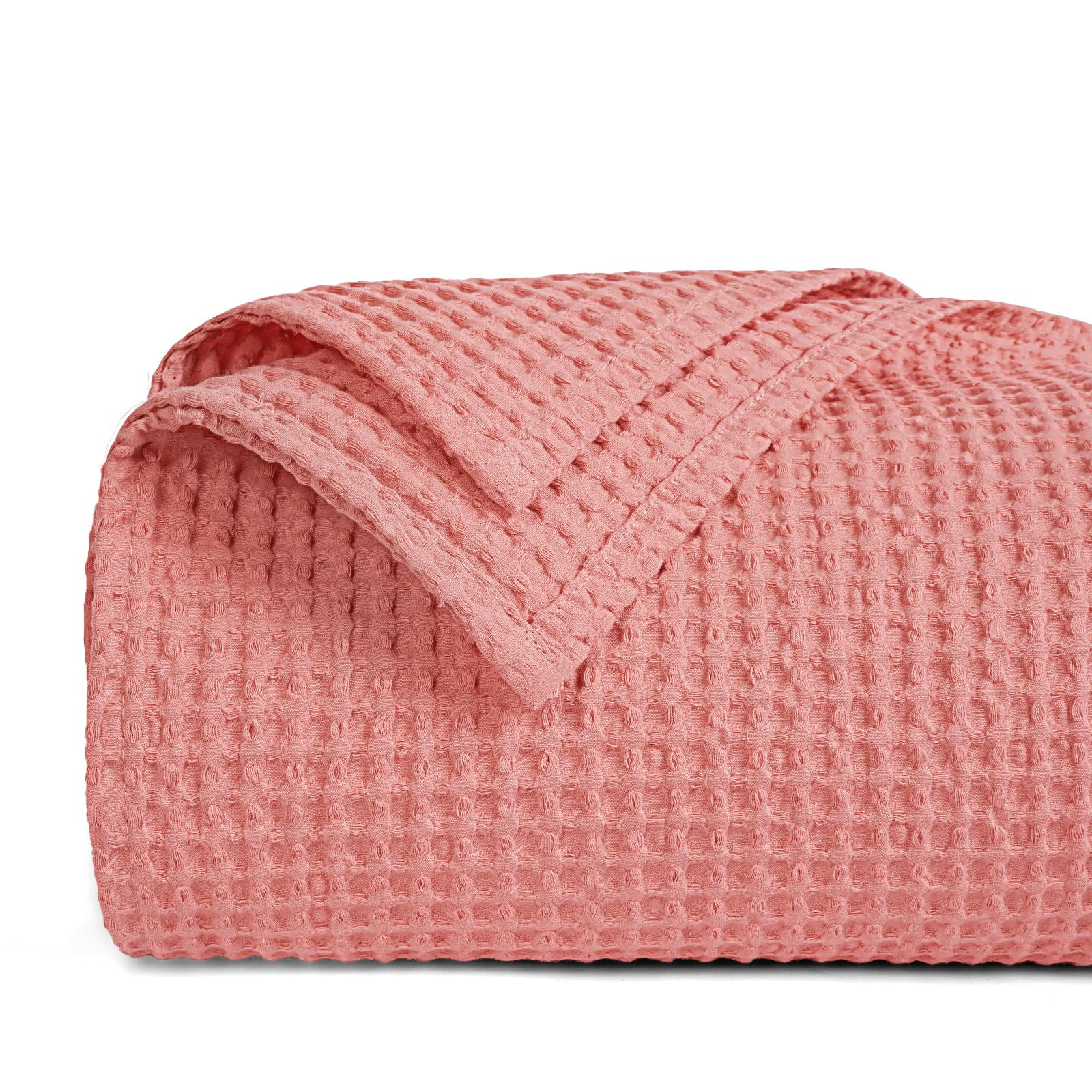 100% Cotton Waffle Weave Throw Blanket 50x60 Inches - Lightweight Washed Soft & Breathable Blanket for Adults & Kids - Cozy Coral Pink Blanket for Couch, Bed, Sofa - Perfect for Lounging, Napping & Home Decor