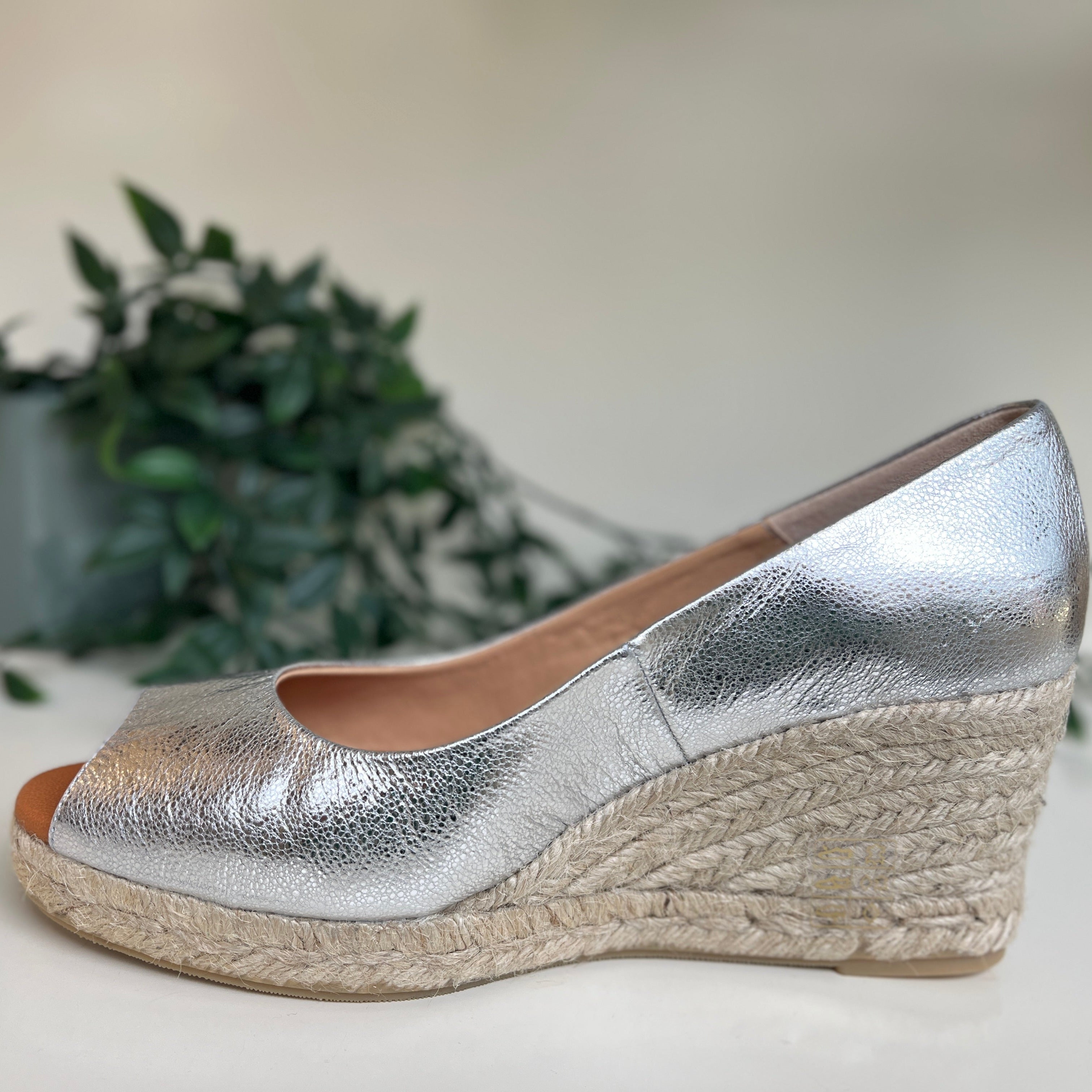 MARIAN Women's Silver Peep Toe Wedge Espadrille Shoes - Comfortable Summer Sandals for Beach, Wedding & Casual Outings