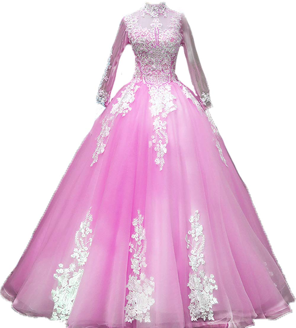 BessDress Gold Lace Applique Quinceanera Dress - Long Sleeve Prom Ball Gown BD389 | Perfect for Sweet 16, Homecoming, and Formal Evening Events