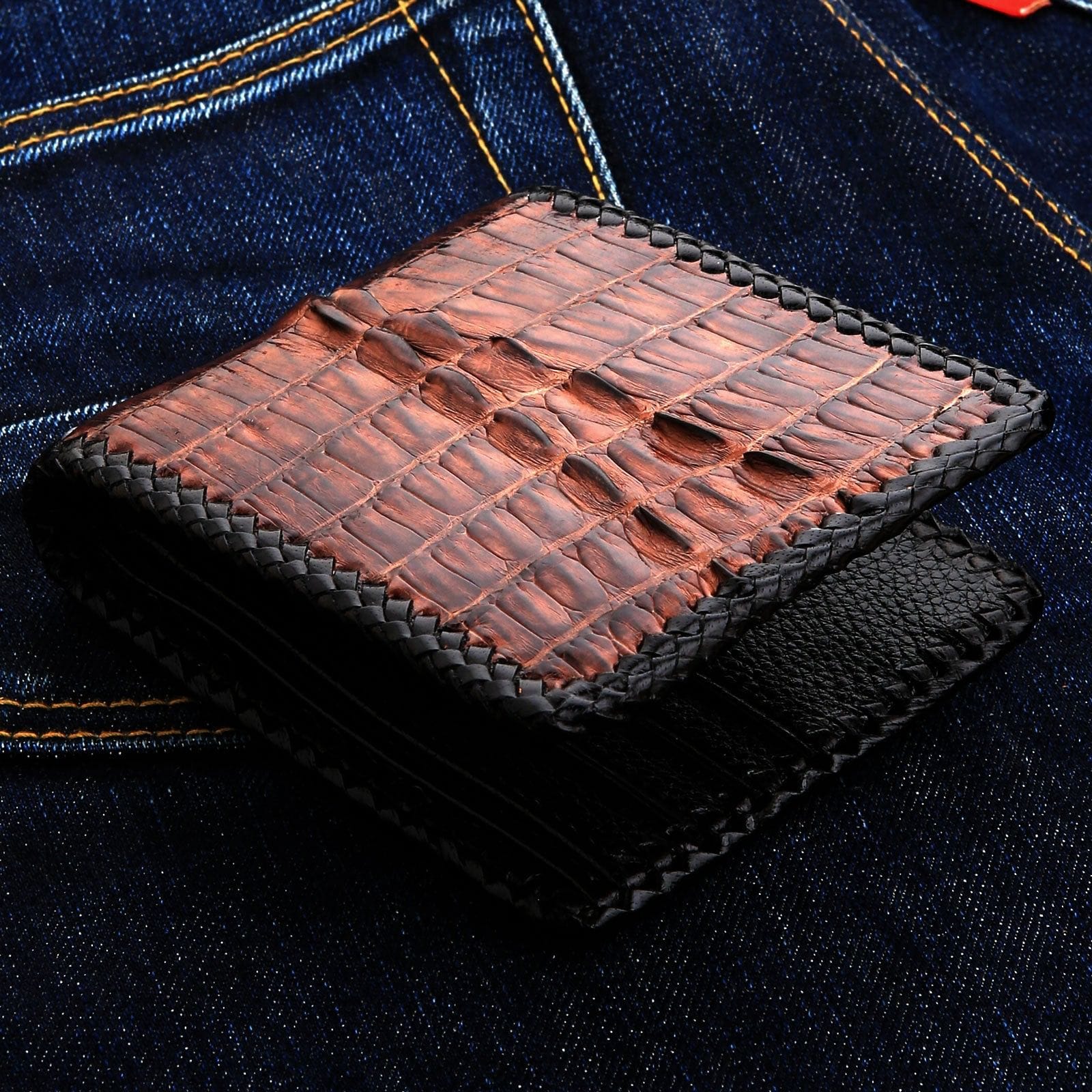 Premium Dark Brown Crocodile Leather Bifold Wallet for Men - Slim RFID Blocking Biker Wallet - Perfect for Motorcycle Riders, Travel & Everyday Carry