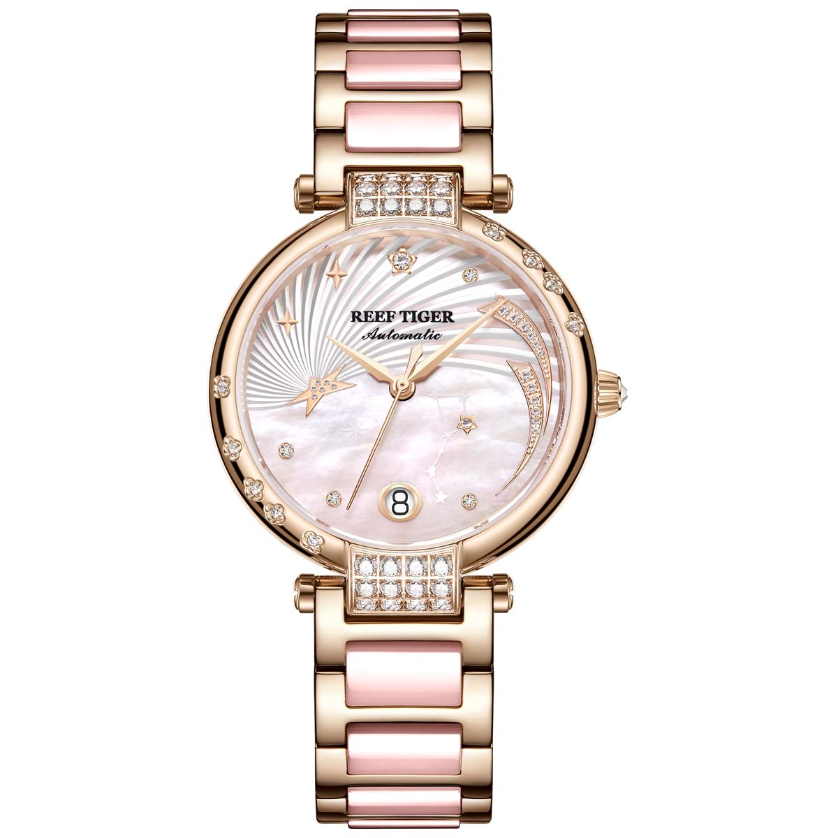 REEF TIGER Luxury Diamond Watch for Women - Automatic Movement, Shell Dial & Ceramic Band (Model RGA1592) | Perfect for Formal Events, Business Meetings & Special Occasions