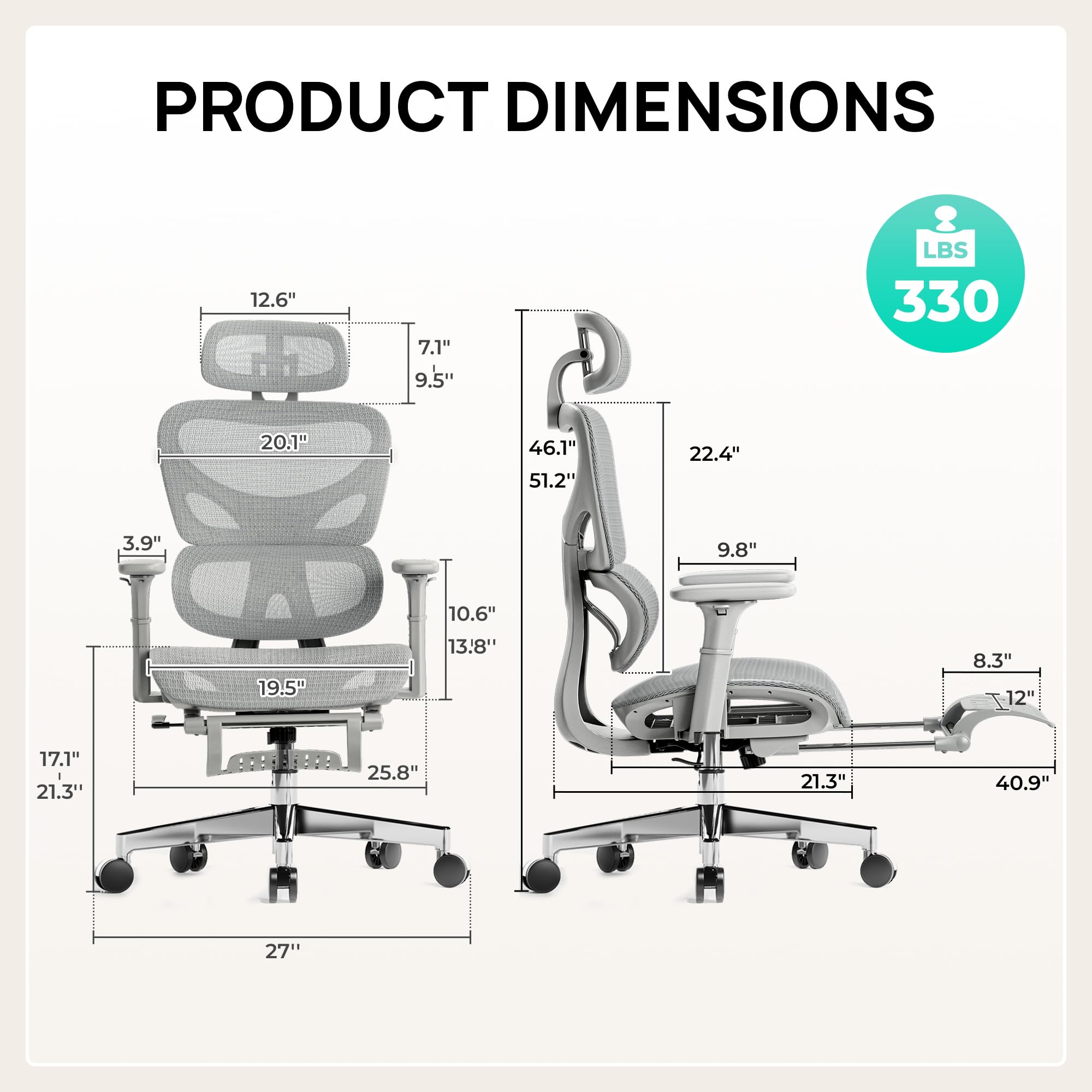 Huuger Ergonomic Mesh Office Chair with Adjustable Footrest, Lumbar Support & 3D Armrests - Breathable Gaming Desk Chair with Multi-Tilt Backrest, Headrest & Heavy-Duty Steel Base (Grey) - Perfect for Home Office, Gaming Setup & Long Work Sessions